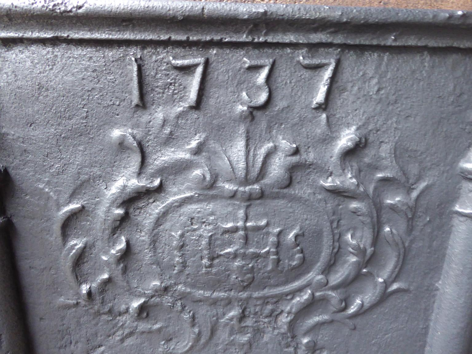 French Antique Fireback with Medieval IHS Monogram, Dated 1737
