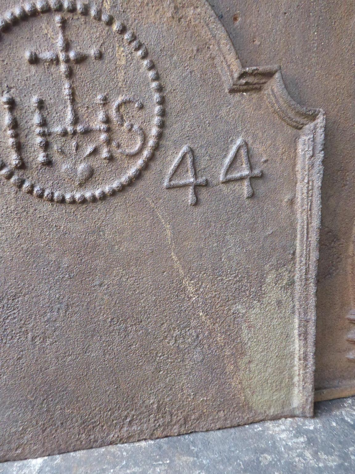 French Antique Fireback with Medieval IHS Monogram, Dated 1744