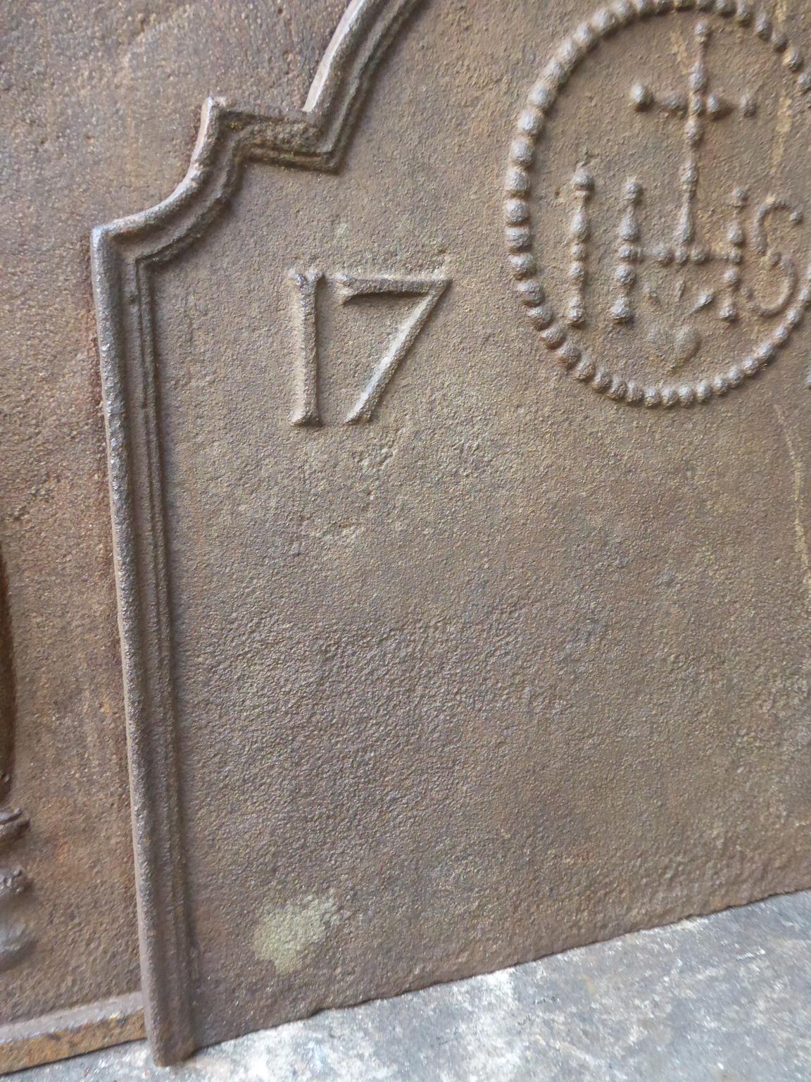 Cast Antique Fireback with Medieval IHS Monogram, Dated 1744