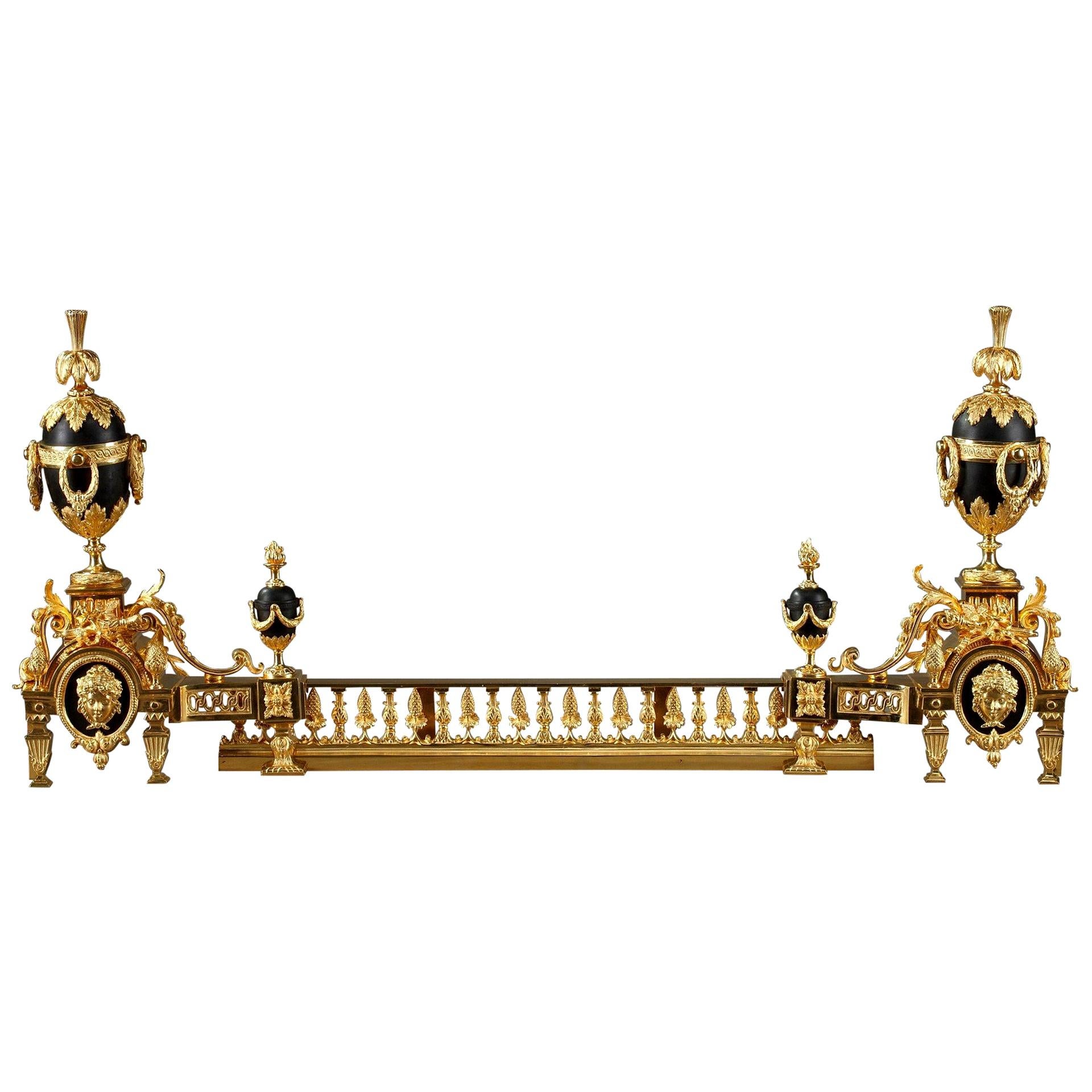 Antique Fireplace Andirons and Fender in Louis XVI Style