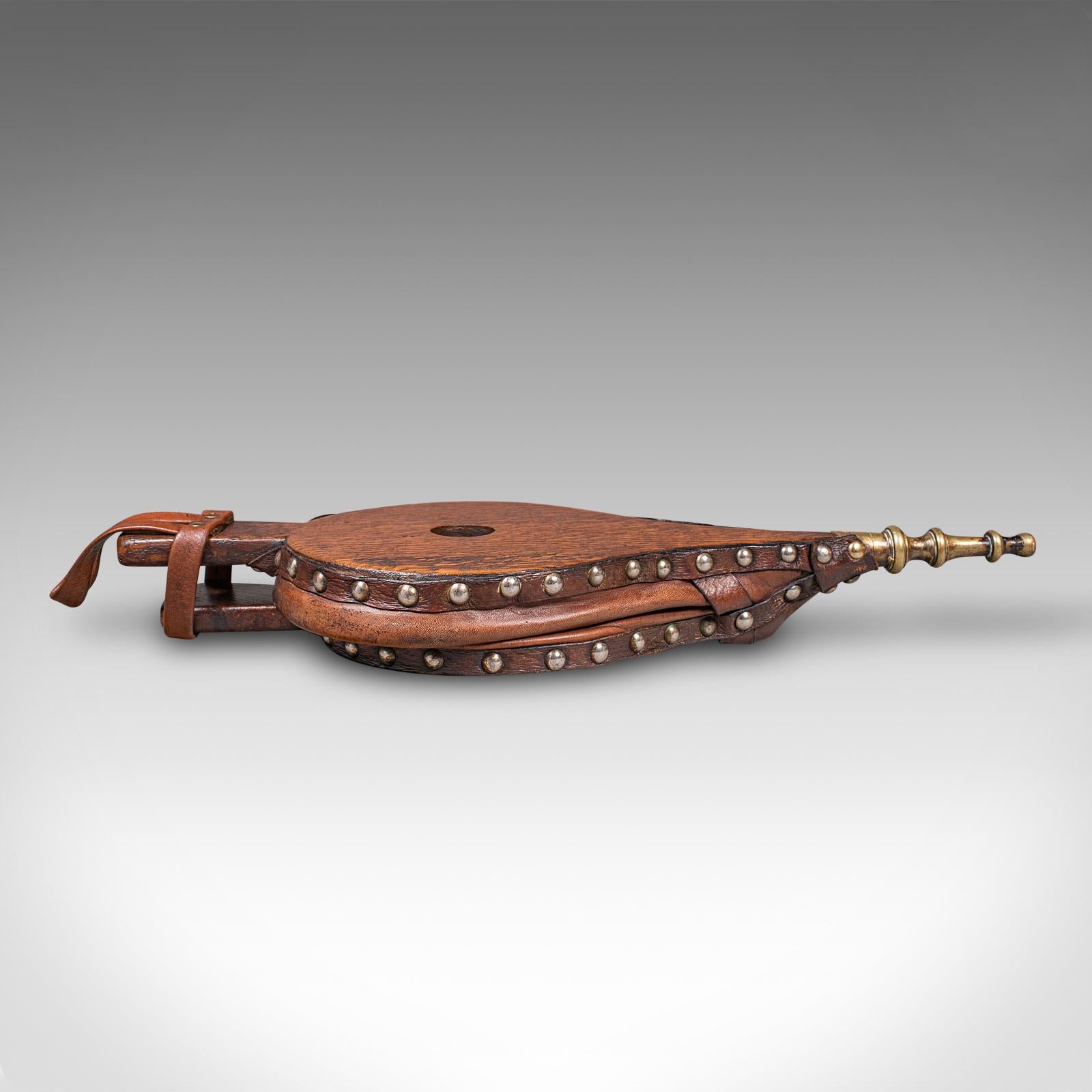 Antico Bellows per caminetto, inglese, quercia, cuoio, strumento per il fuoco, vittoriano, C.C. 1880 in vendita 1