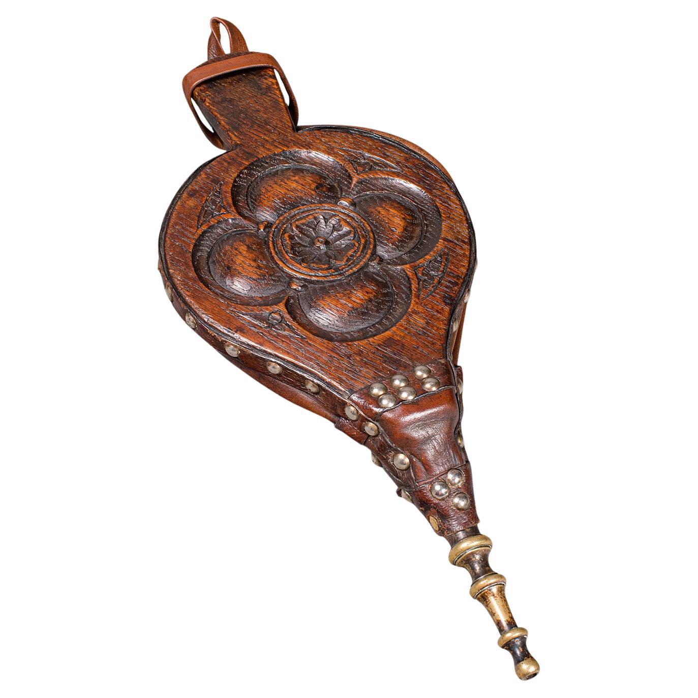 Antico Bellows per caminetto, inglese, quercia, cuoio, strumento per il fuoco, vittoriano, C.C. 1880 in vendita