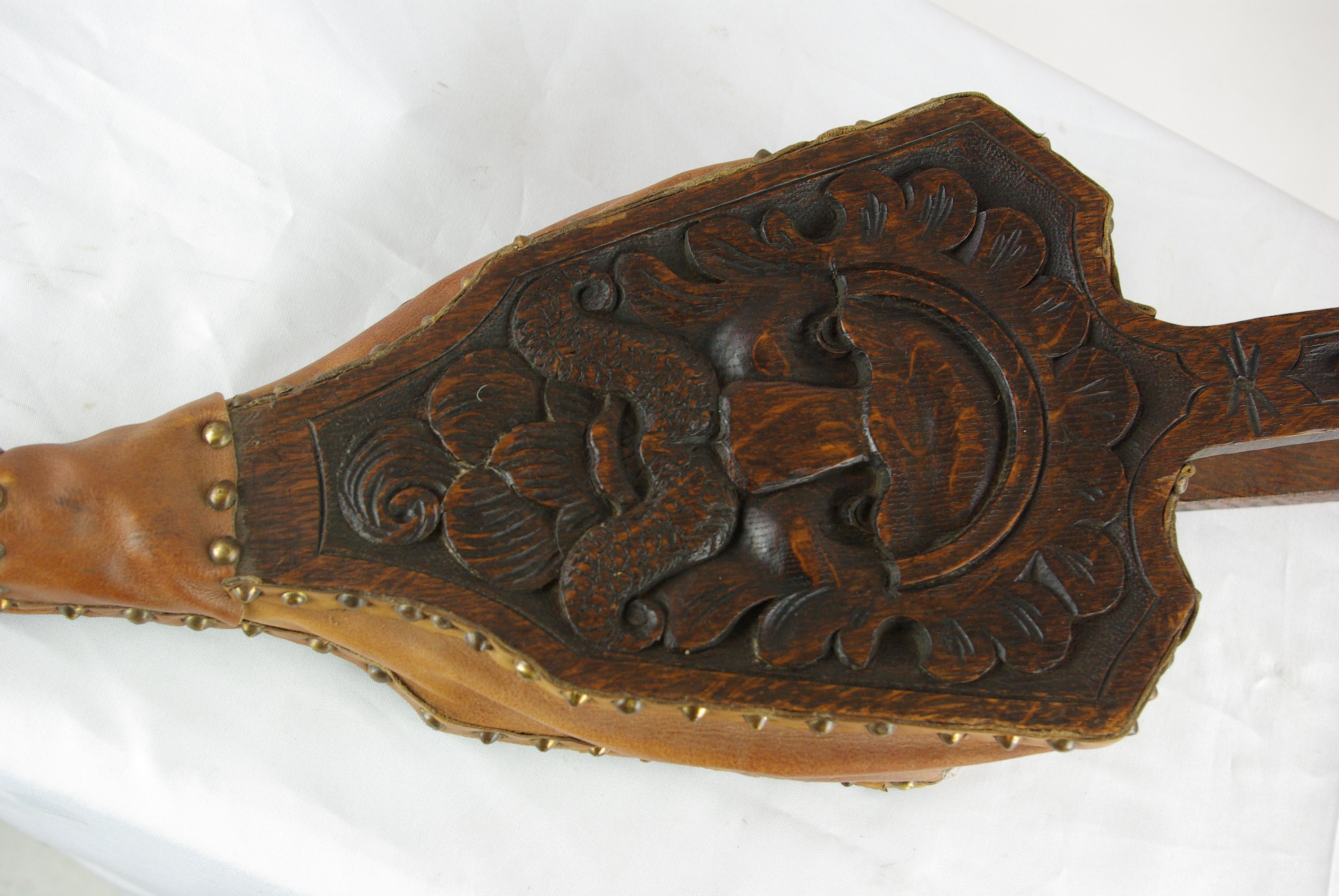 Antique Fireplace Bellows, Large Victorian Carved Oak Green Man Bellows In Good Condition In Vancouver, BC