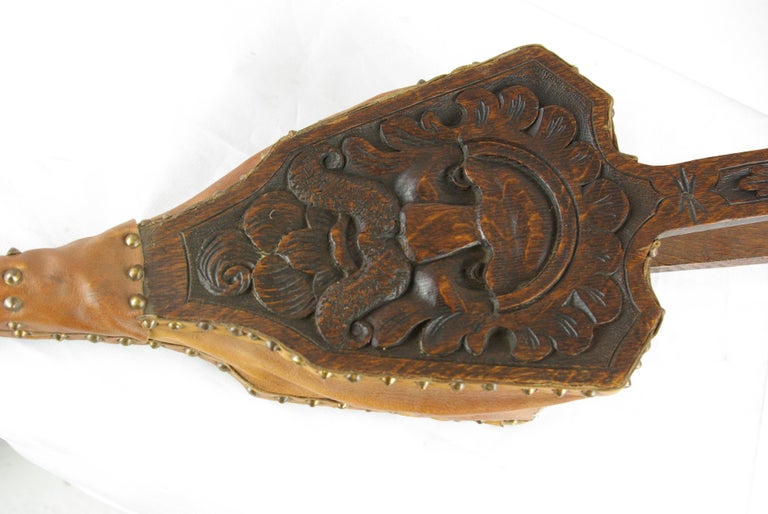 Antique Fireplace Bellows, Large Victorian Carved Oak Green Man Bellows