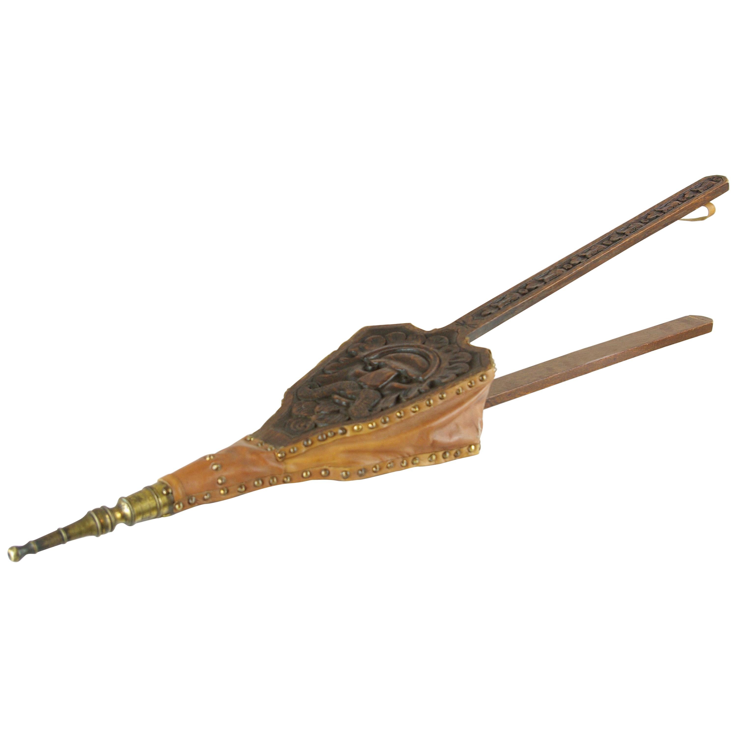 Antique Fireplace Bellows, Large Victorian Carved Oak Green Man Bellows