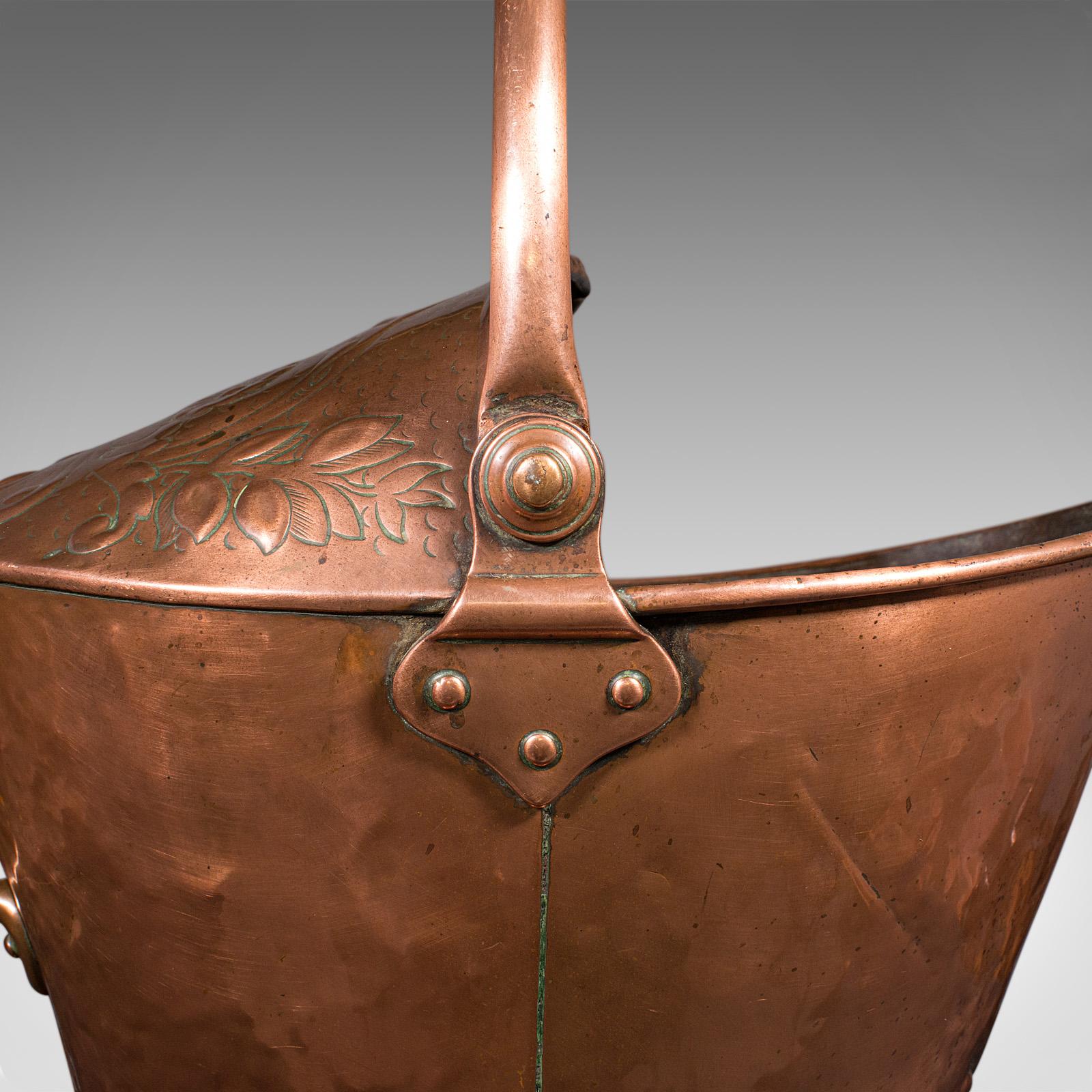 Antico scuttle per caminetto, rame inglese, cesto, Art Nouveau, vittoriano in vendita 4