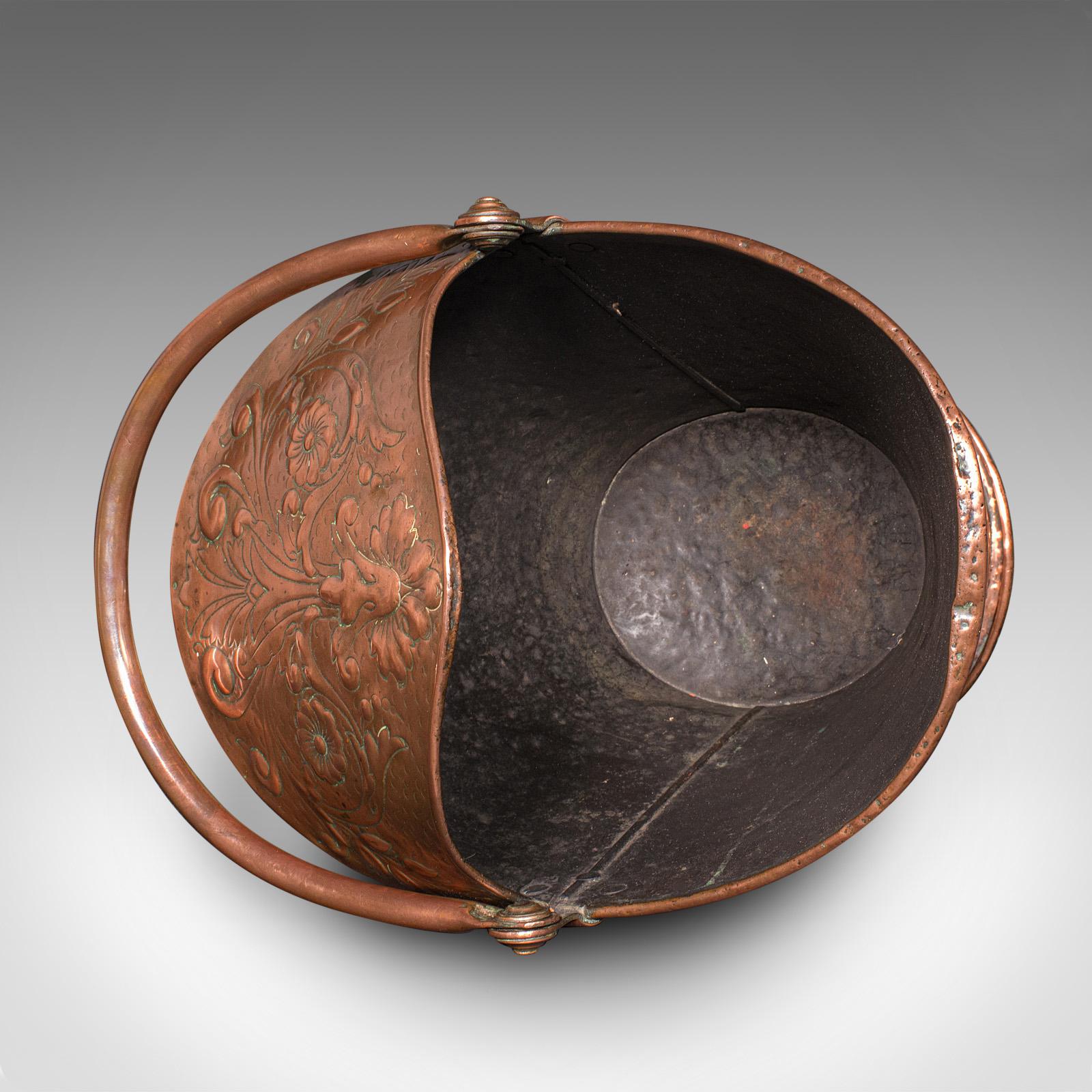 Antico scuttle per caminetto, rame inglese, cesto, Art Nouveau, vittoriano in vendita 2