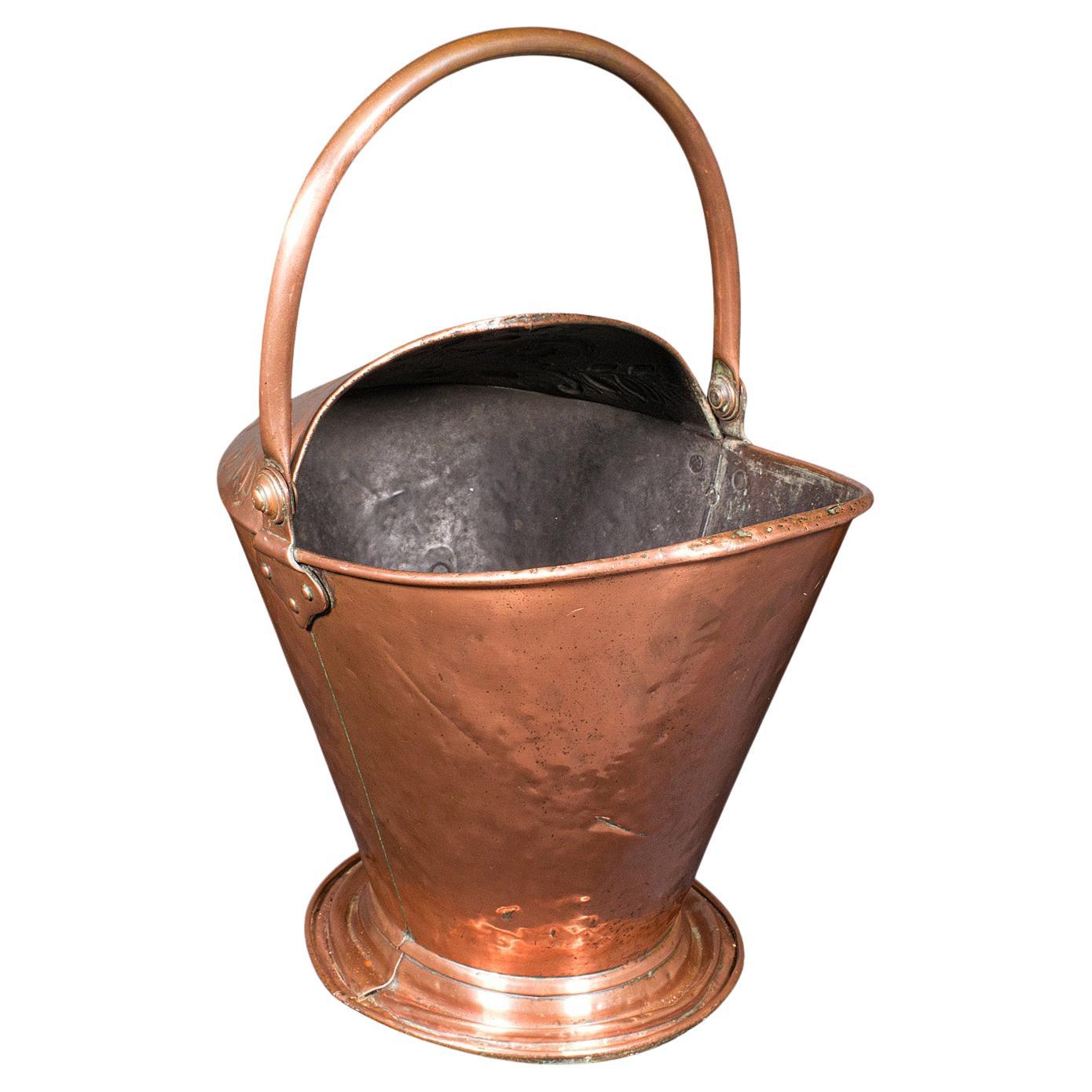 Antique Fireplace Coal Scuttle, English Copper, Basket, Art Nouveau, Victorian