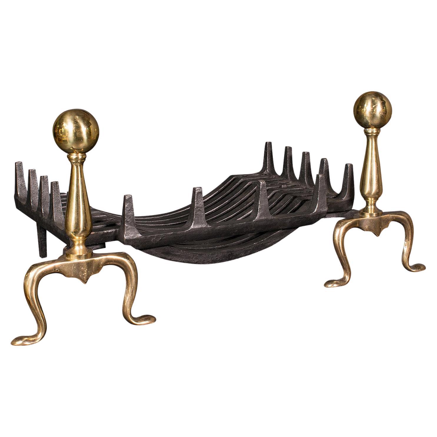 Antique Fireplace Set, English, Cast Iron, Fire Basket, Andirons