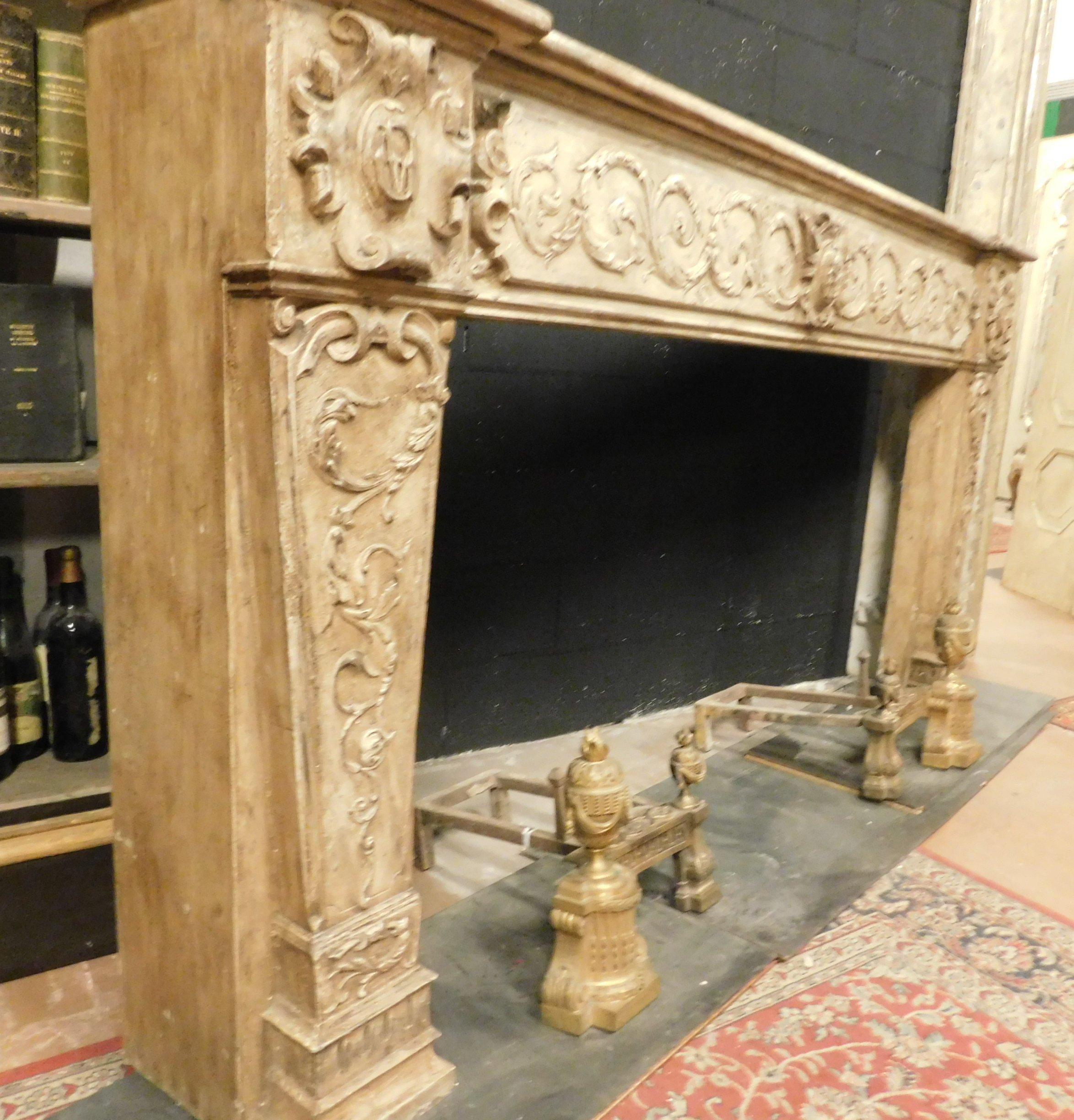 French Antique Fireplace in Beige Lacquered Wood, Floral Sculptures, France, 1700