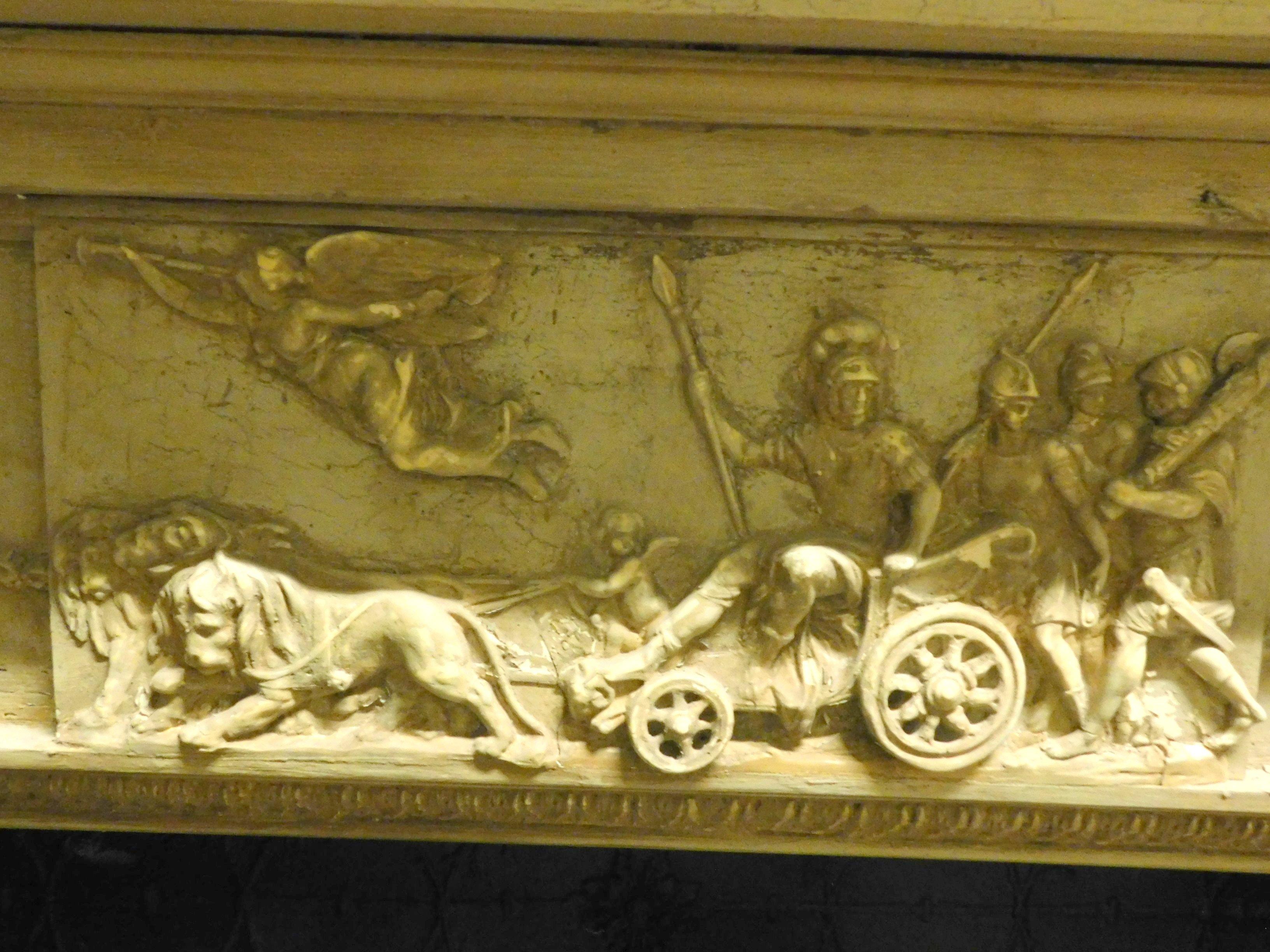 Antique Fireplace in Carved and Lacquered Beige Wood, Mythological Scenes, 1800 8