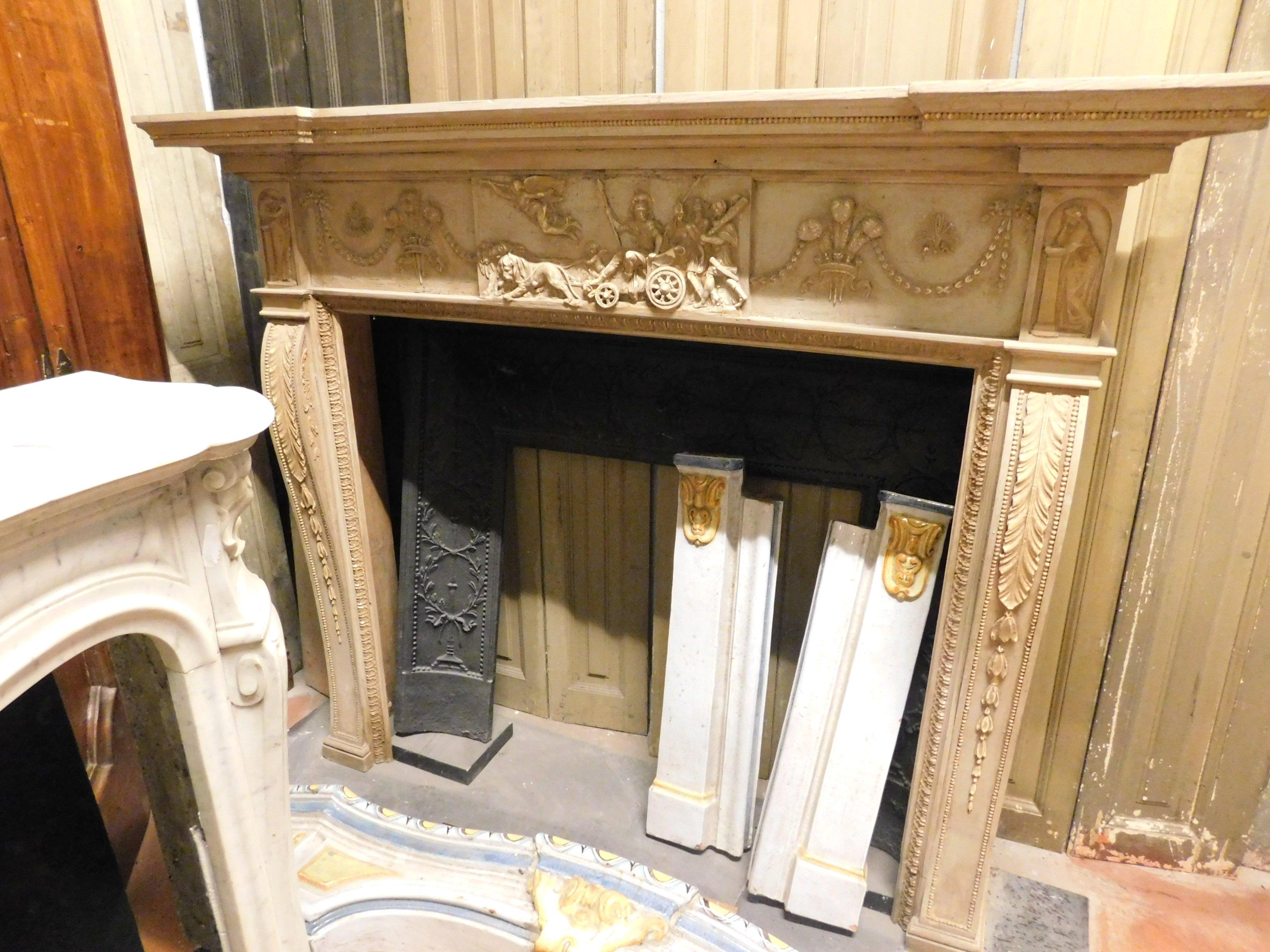 Italian Antique Fireplace in Carved and Lacquered Beige Wood, Mythological Scenes, 1800
