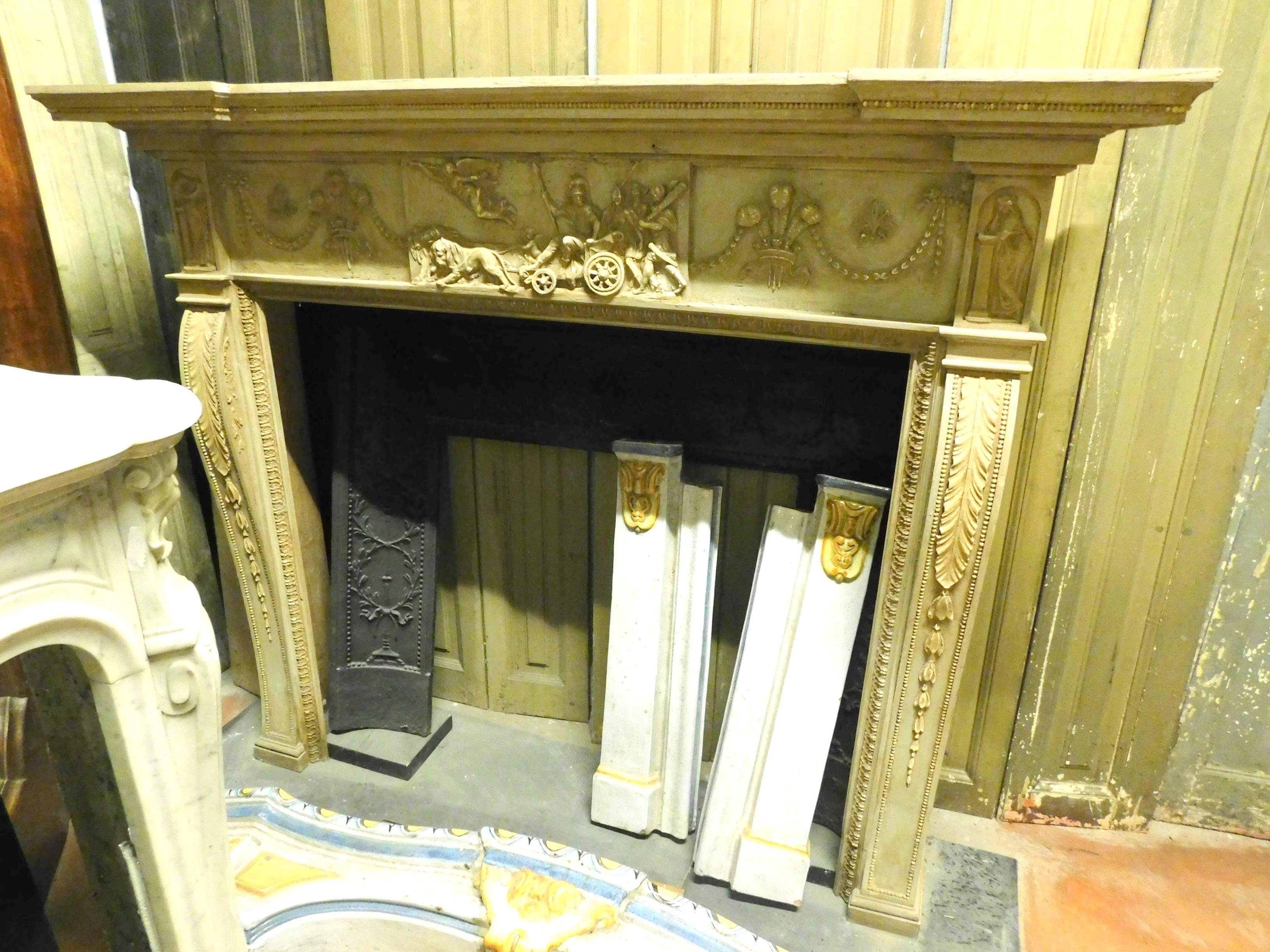 Antique Fireplace in Carved and Lacquered Beige Wood, Mythological Scenes, 1800 1