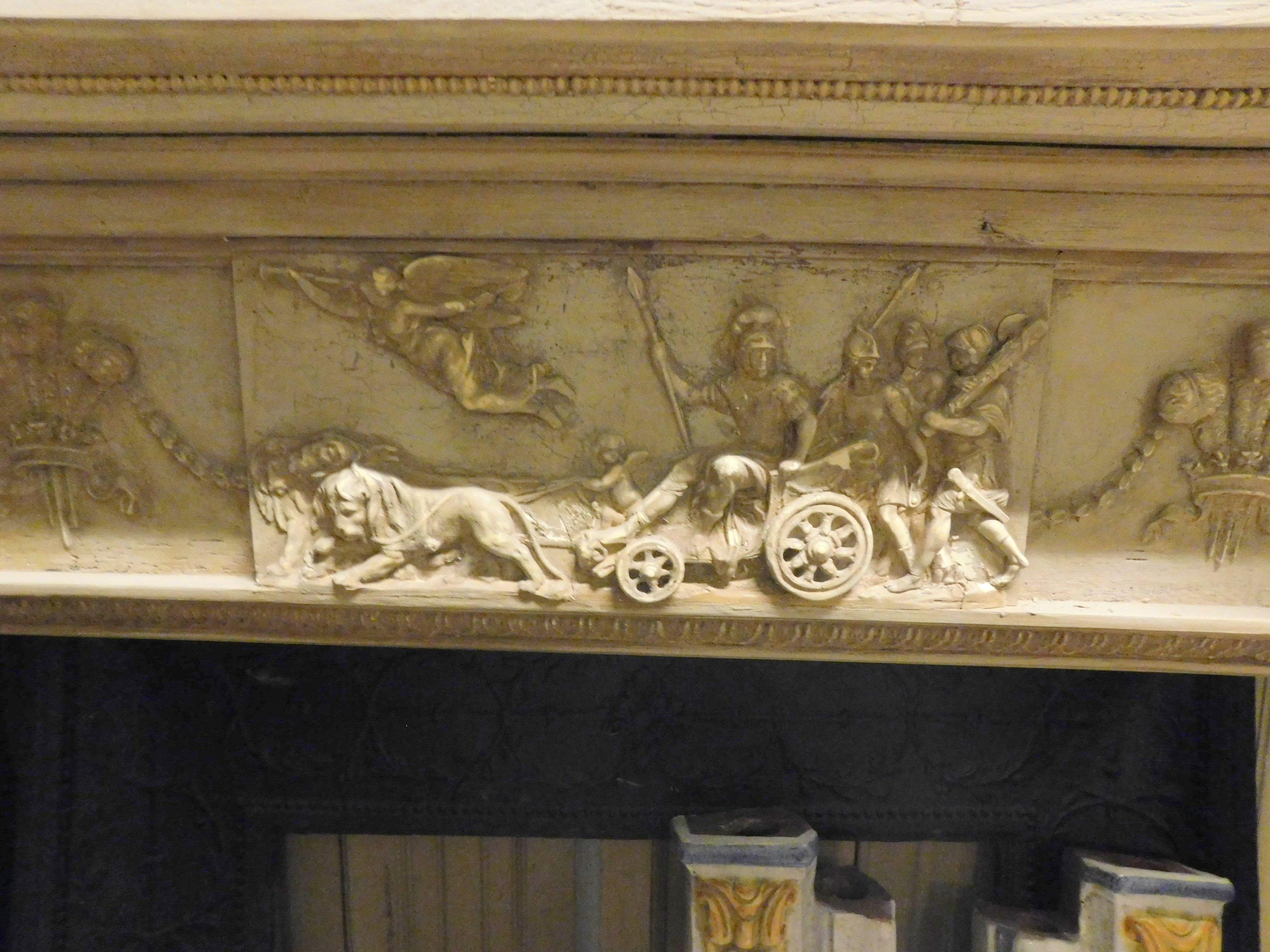 Antique Fireplace in Carved and Lacquered Beige Wood, Mythological Scenes, 1800 3