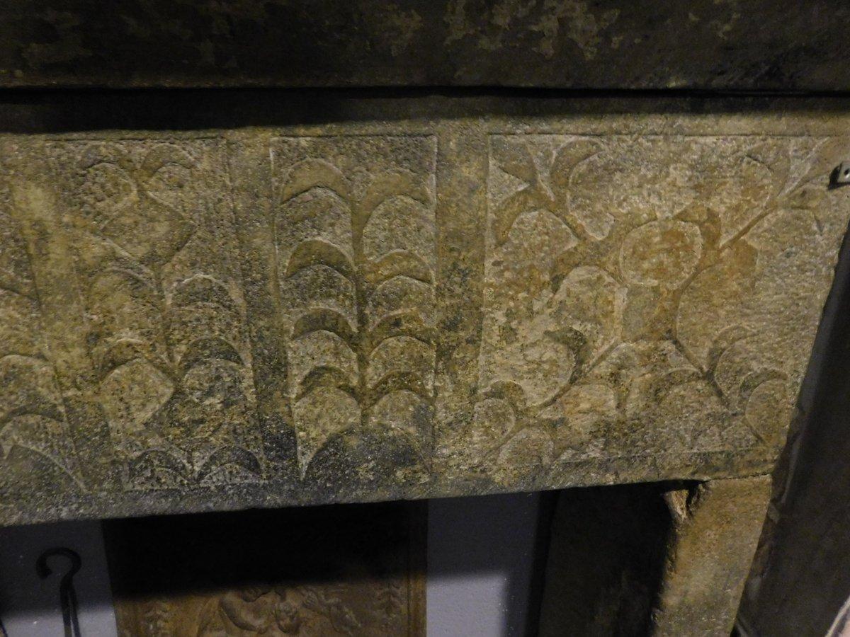 Italian Antique Fireplace in Gray Stone, 15th Century, Relief Nature Decorations, Italy