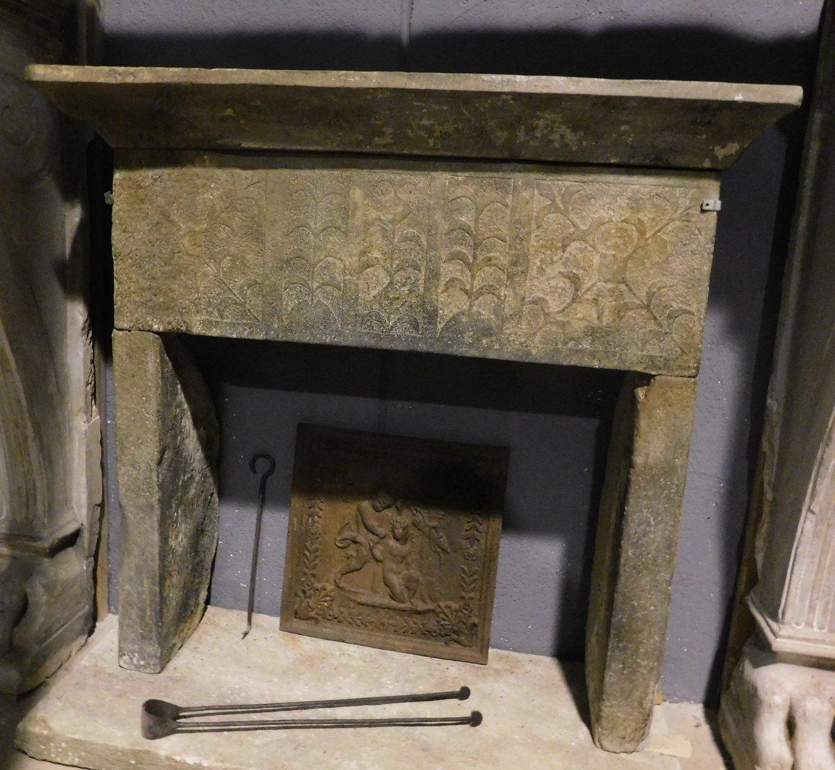 Hand-Carved Antique Fireplace in Gray Stone, 15th Century, Relief Nature Decorations, Italy