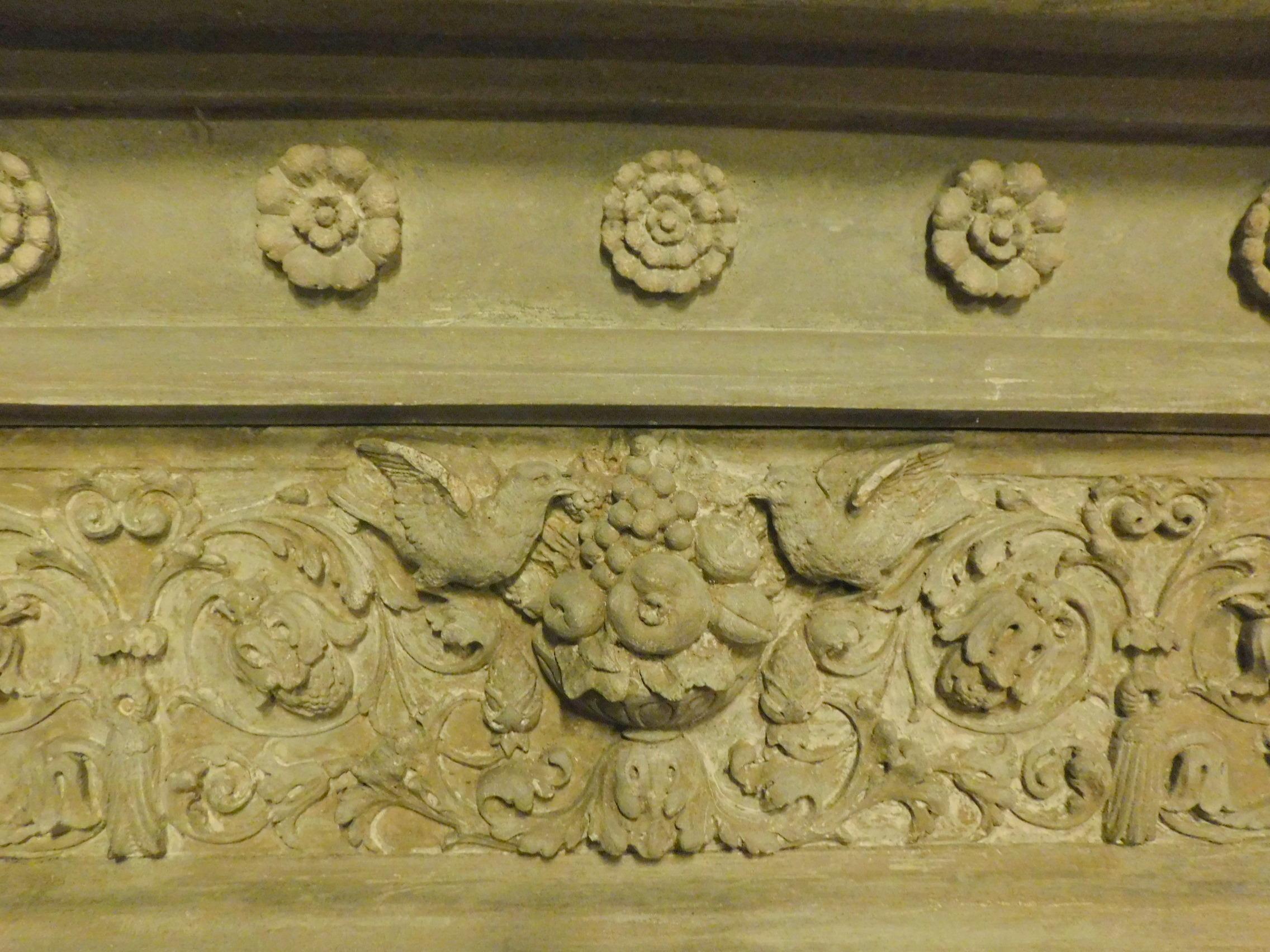 Italian Antique Fireplace in Gray Stone, Birds, Flowers and Cherubs, 1800, Italy For Sale