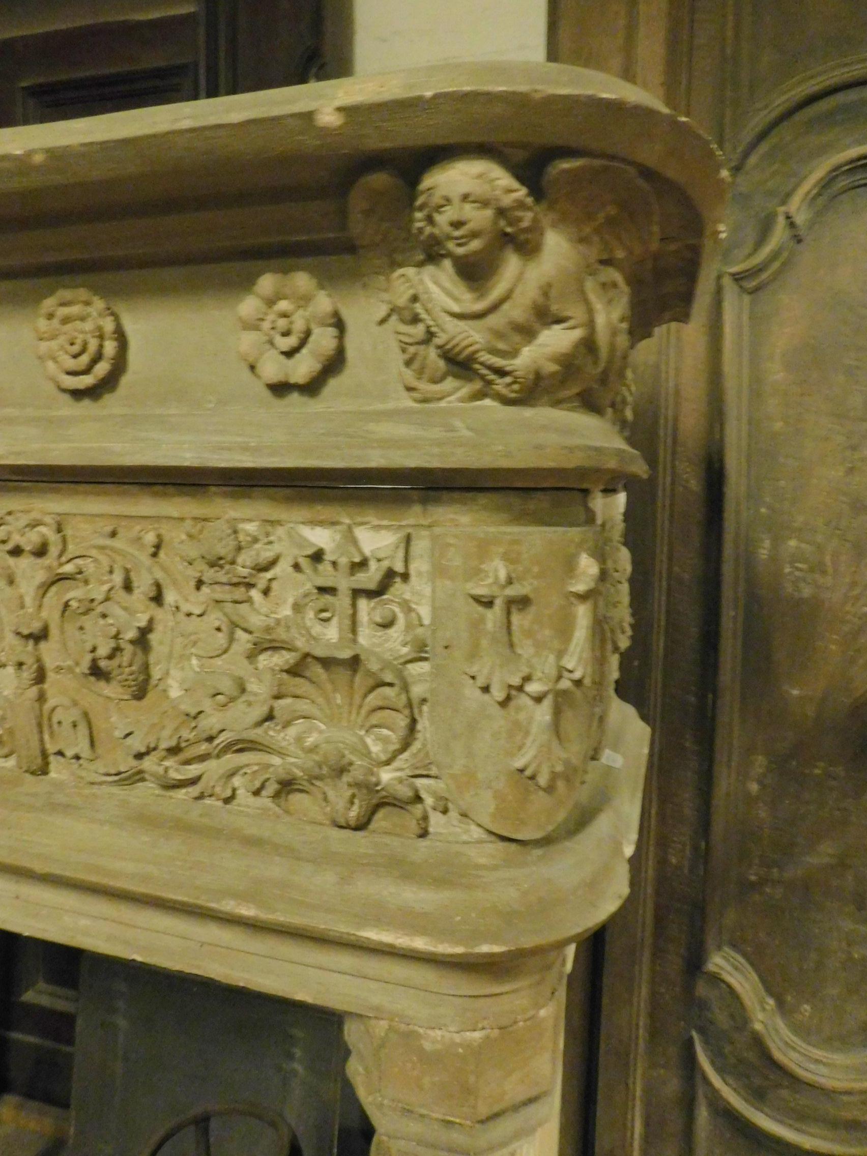 Hand-Carved Antique Fireplace in Gray Stone, Birds, Flowers and Cherubs, 1800, Italy For Sale
