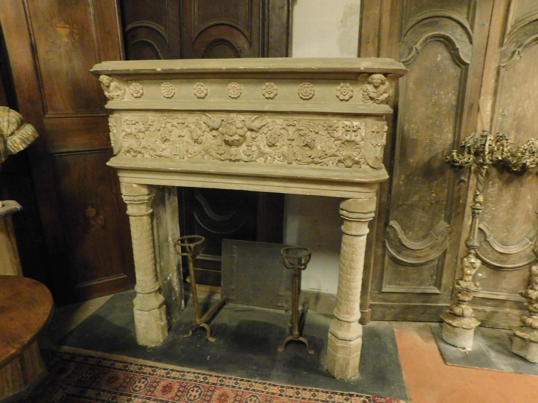 19th Century Antique Fireplace in Gray Stone, Birds, Flowers and Cherubs, 1800, Italy For Sale