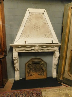 Antique Fireplace in Gray Stone, with a Hood and Symbols of Hunting, 1800 Italy