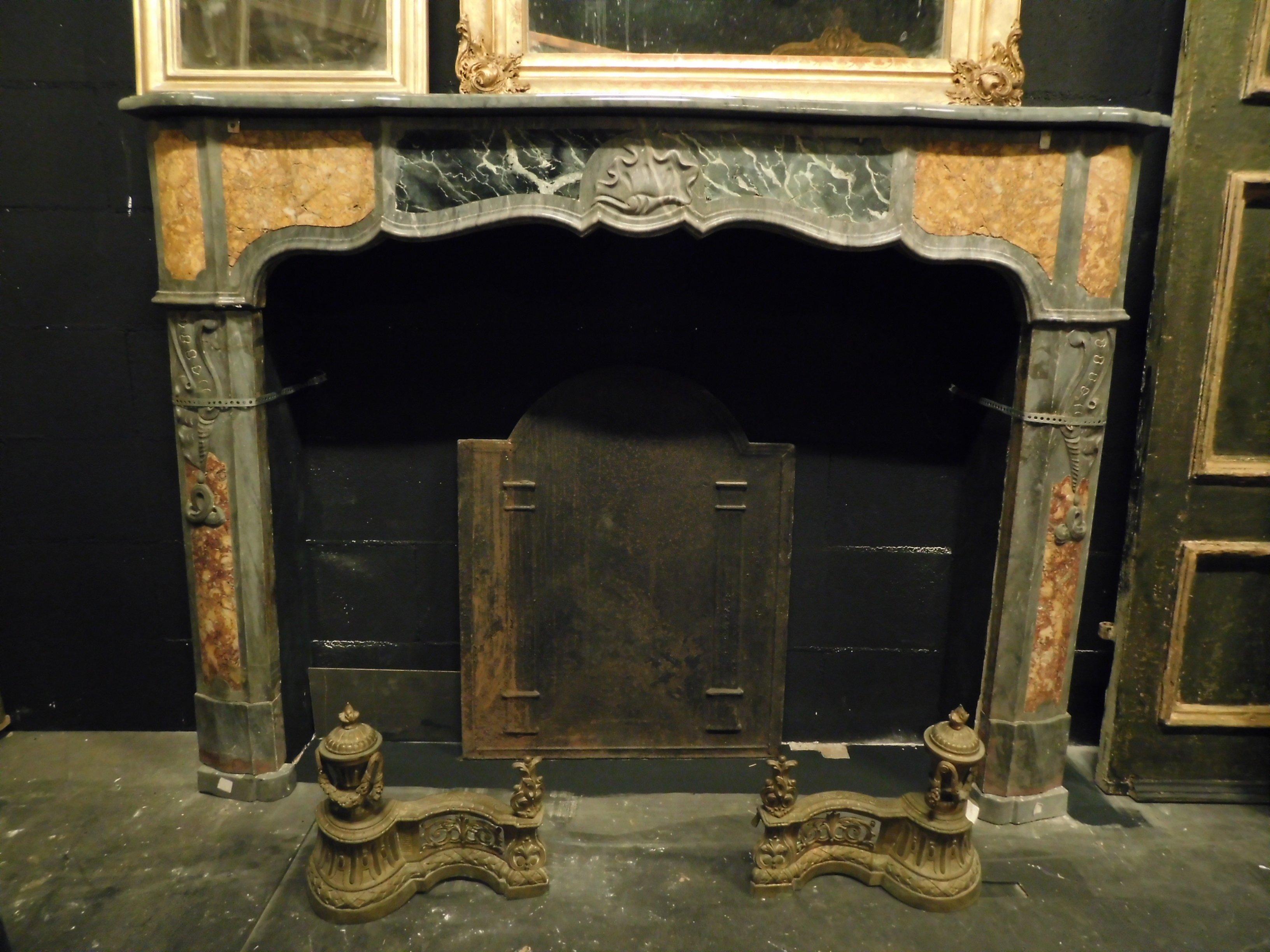18th Century and Earlier Antique Fireplace in Inlaid Gray, Black and Yellow Marble, Shell, 1700 Italy For Sale