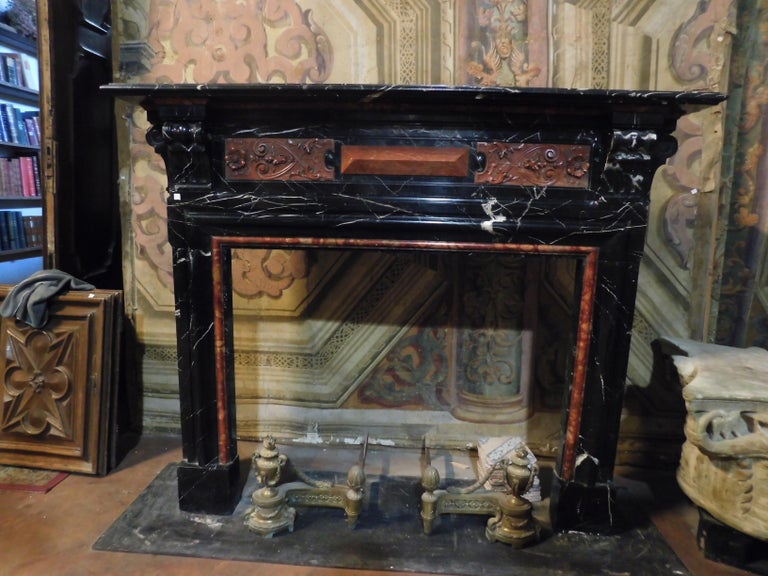 Antique Fireplace In Inlaid Red Black Marble Large And Precious