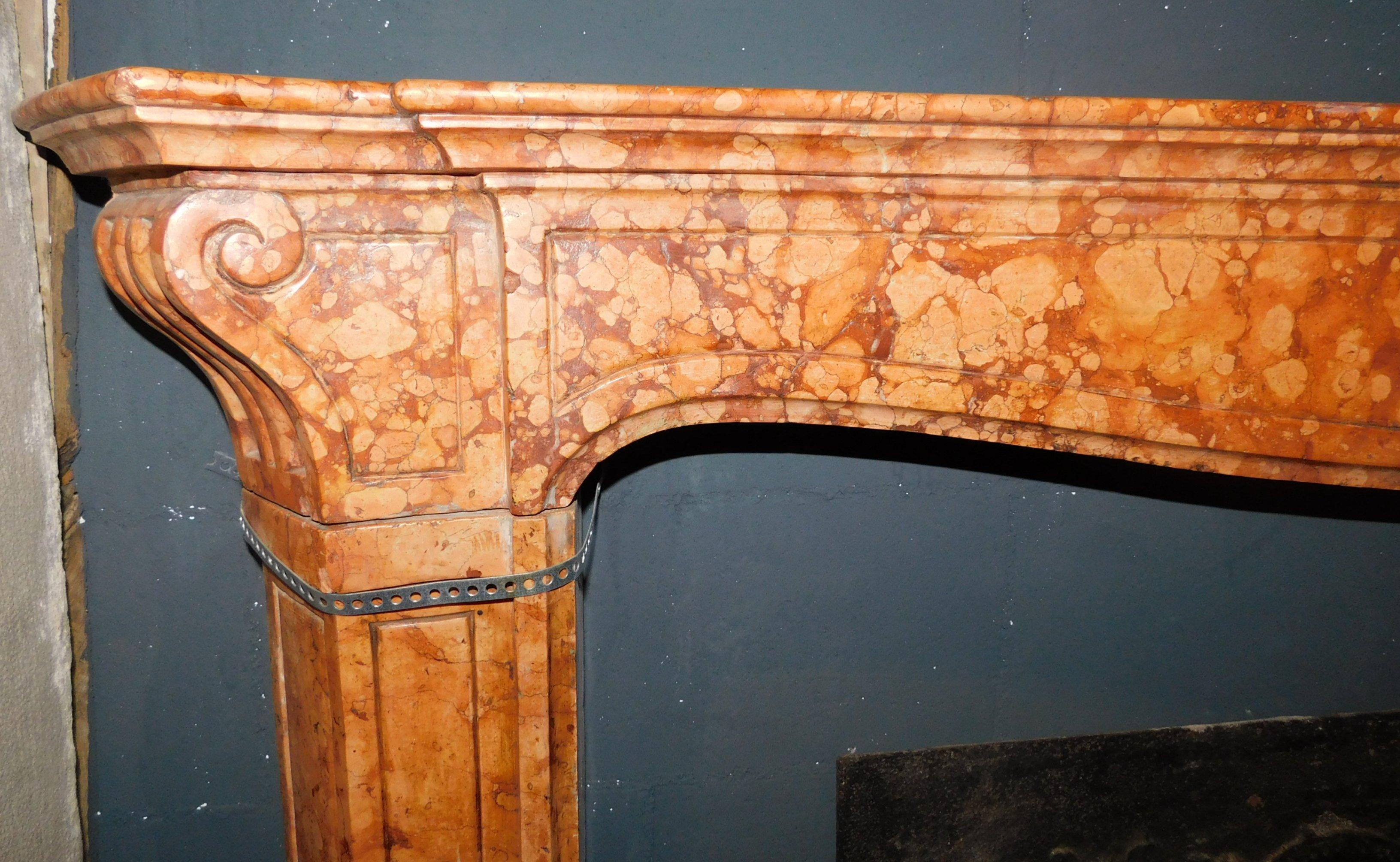 Breccia Marble Antique Fireplace in Red Marble with Carved Central Shell, 18th Century, Italy For Sale
