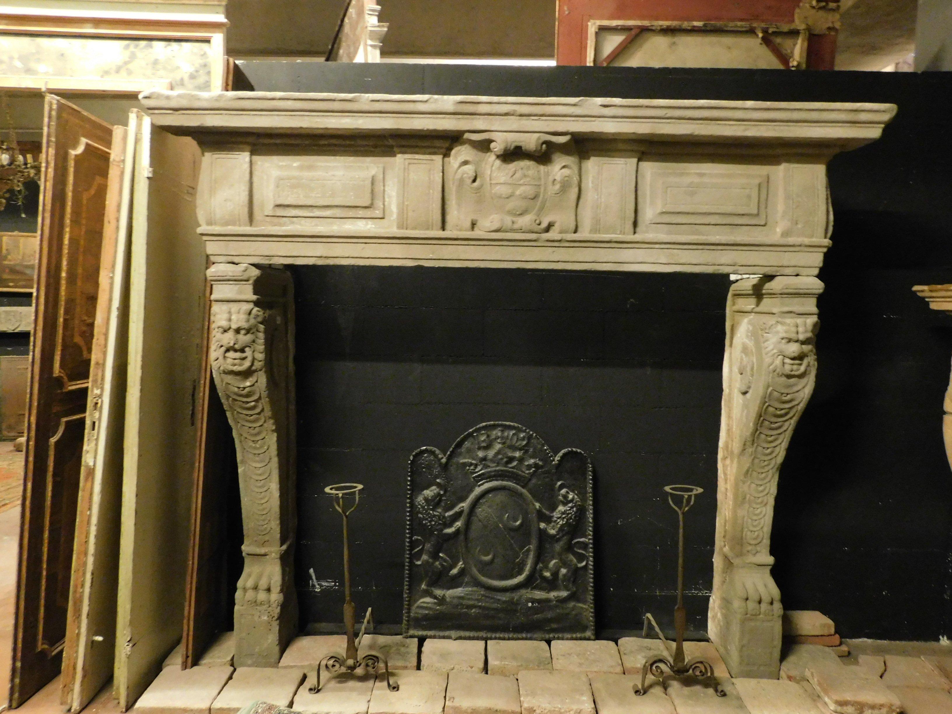 Ancient fireplace mantel in Serena stone, with lions' faces and hand carved legs, noble coat of arms in the center of the fireplace, from the high 16th century, from Central Italy, in a noble historic building.
A very important fireplace, both in