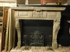 Antique Fireplace in Serena Stone, Lions Legs-Noble Coat of Arms, 1500, Italy