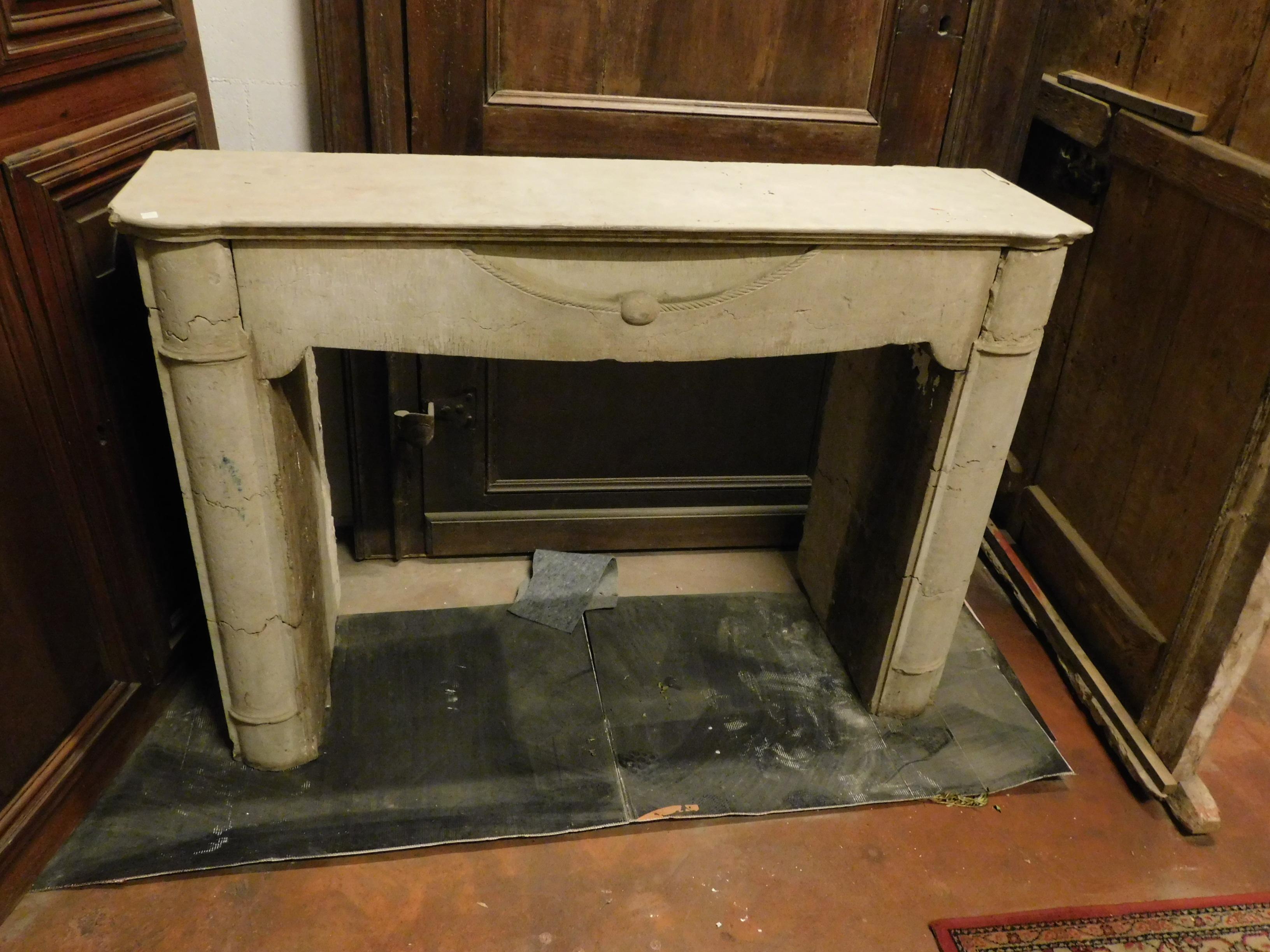 Hand-Carved Antique fireplace in travertine stone, neoclassical, '800 Italy