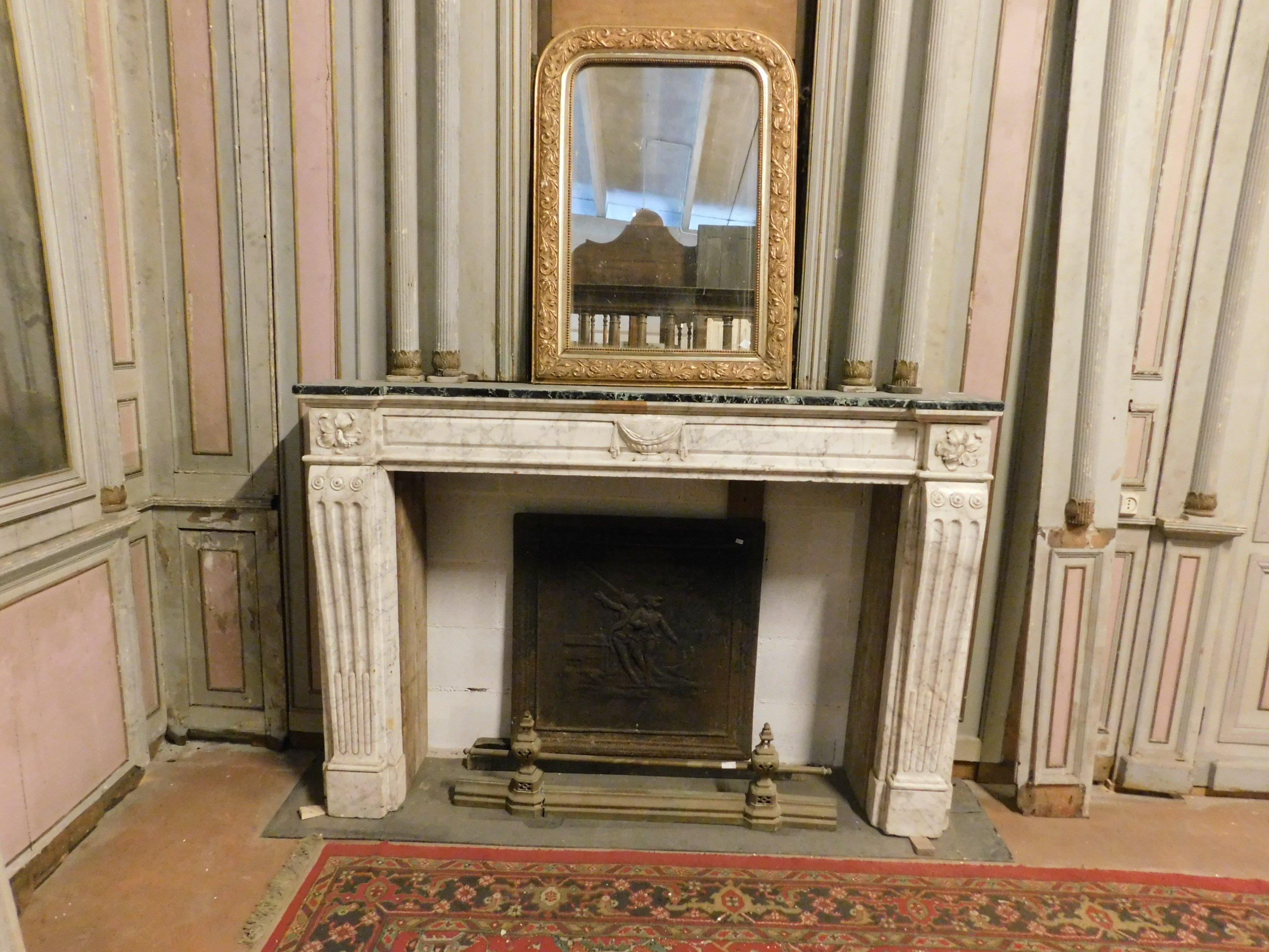 Ancient mantel (fireplace) fireplace in style and epoch Louis XVI, built in the late eighteenth century in France, by craftsman who carved fine marbles such as white Carrara and green alps marble that can be seen in the upper floor of the shelf.
