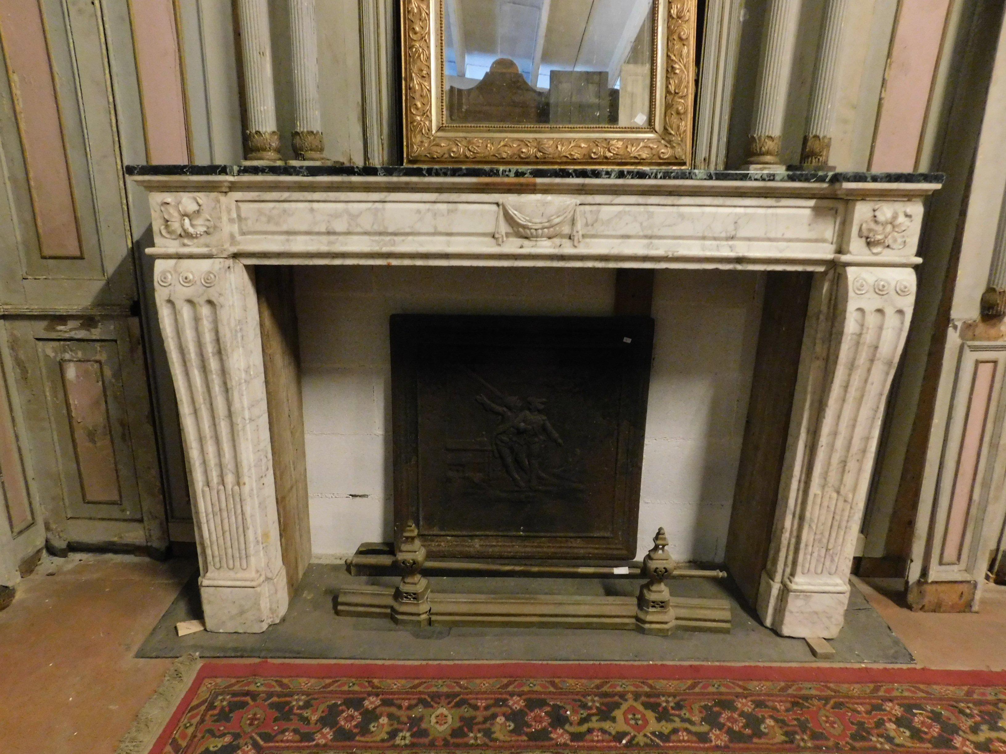 French Antique Fireplace in White and Green Marble, Louis XVI, 18th Century France