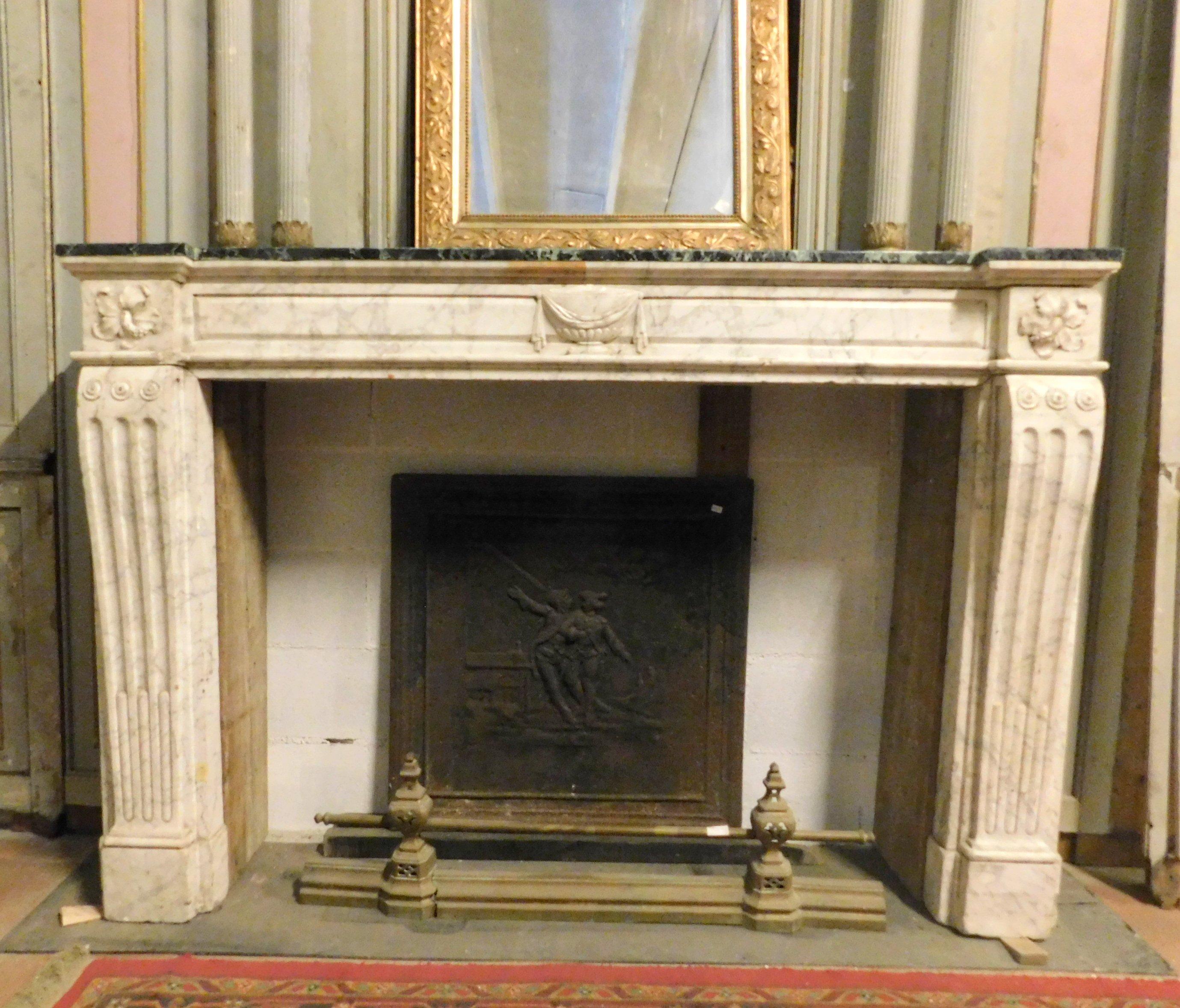 Hand-Carved Antique Fireplace in White and Green Marble, Louis XVI, 18th Century France