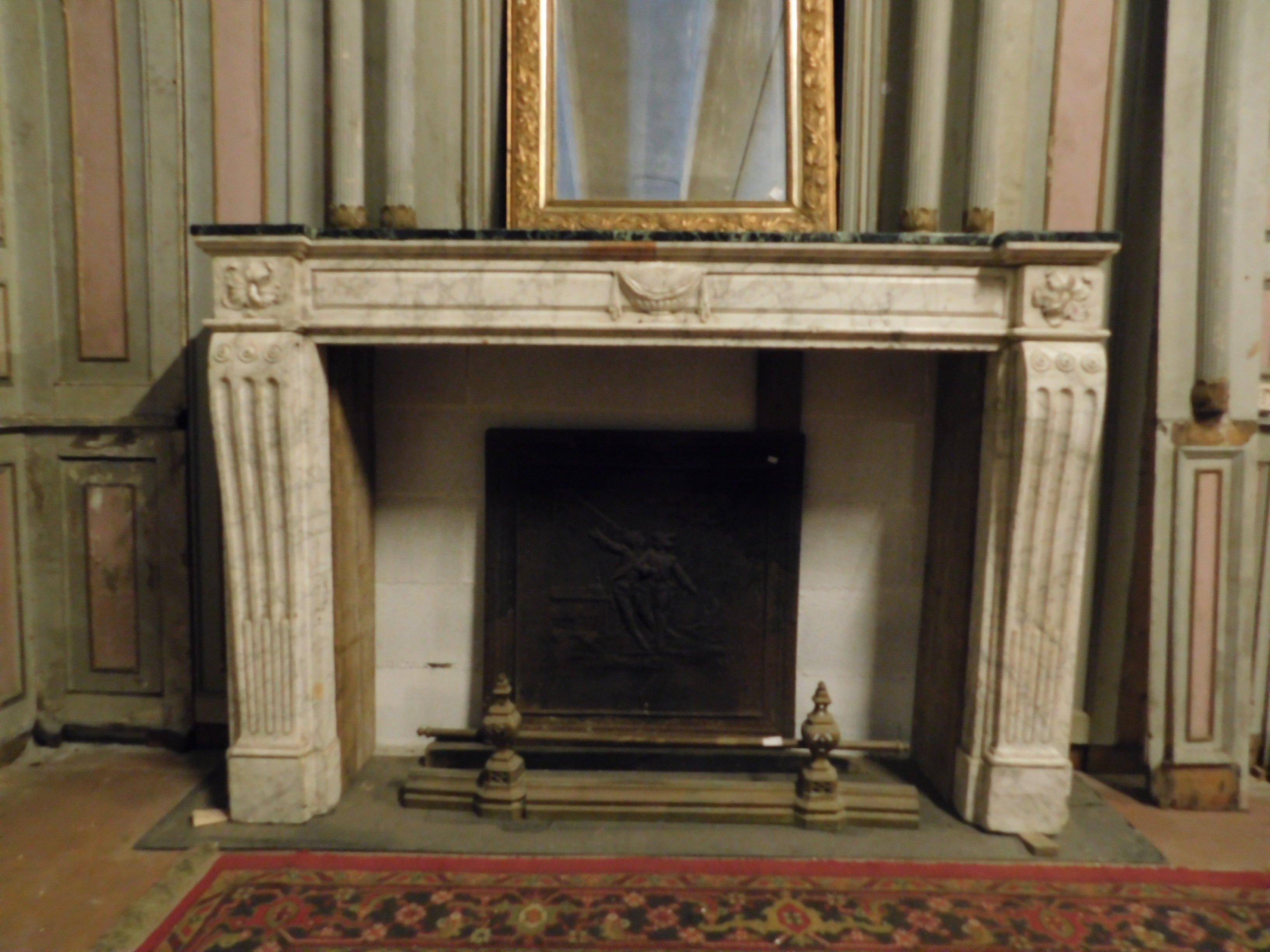 Carrara Marble Antique Fireplace in White and Green Marble, Louis XVI, 18th Century France
