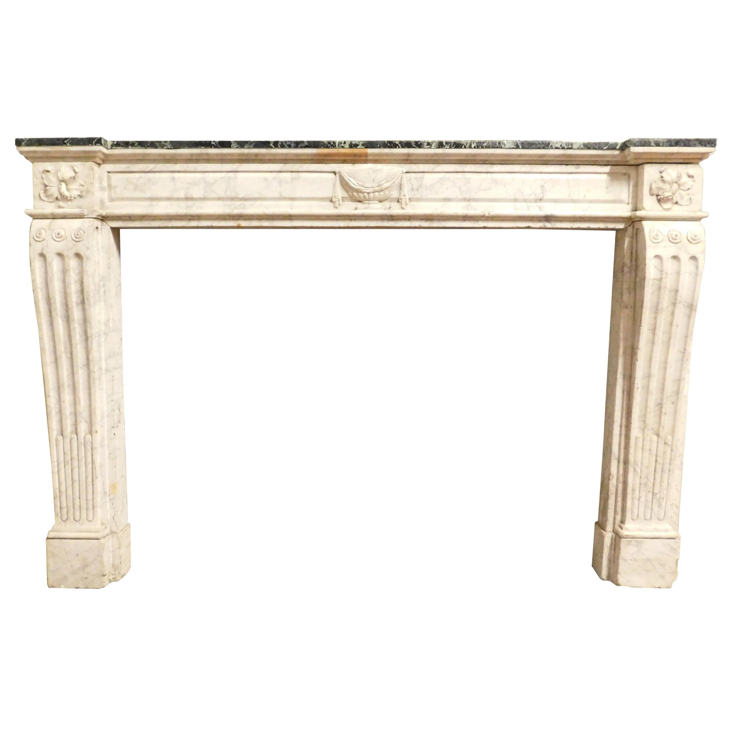 Antique Fireplace in White and Green Marble, Louis XVI, 18th Century France