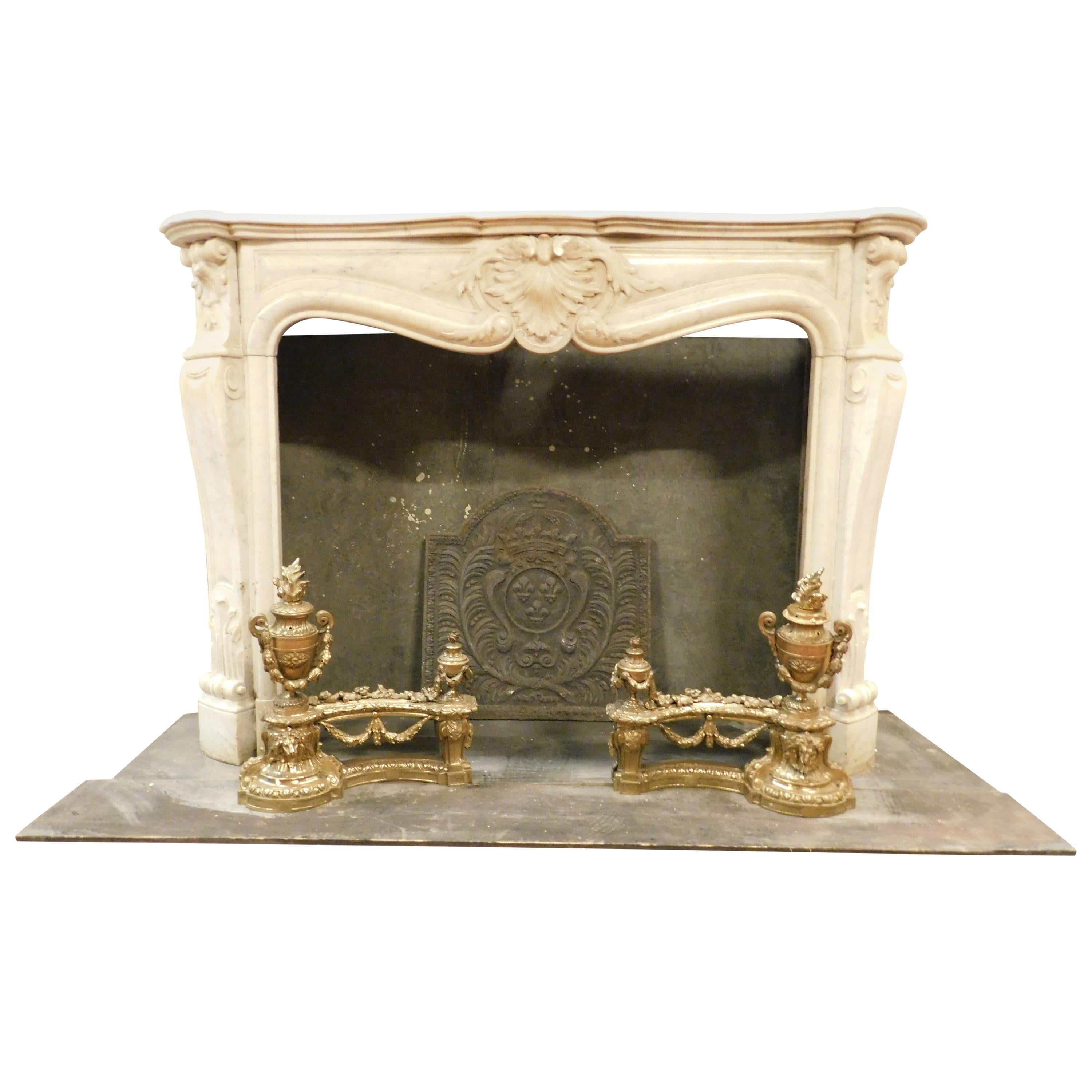 Antique Fireplace in White Carrara Marble, Carved Shells, 1700, France