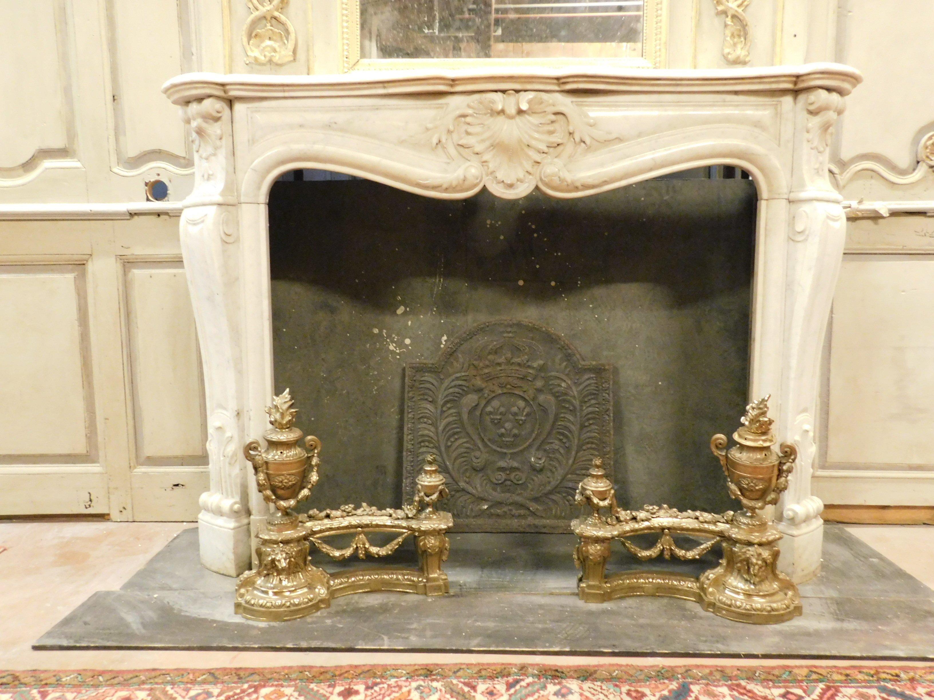 French Antique Fireplace in White Carrara Marble, Carved Shells, 1700, France