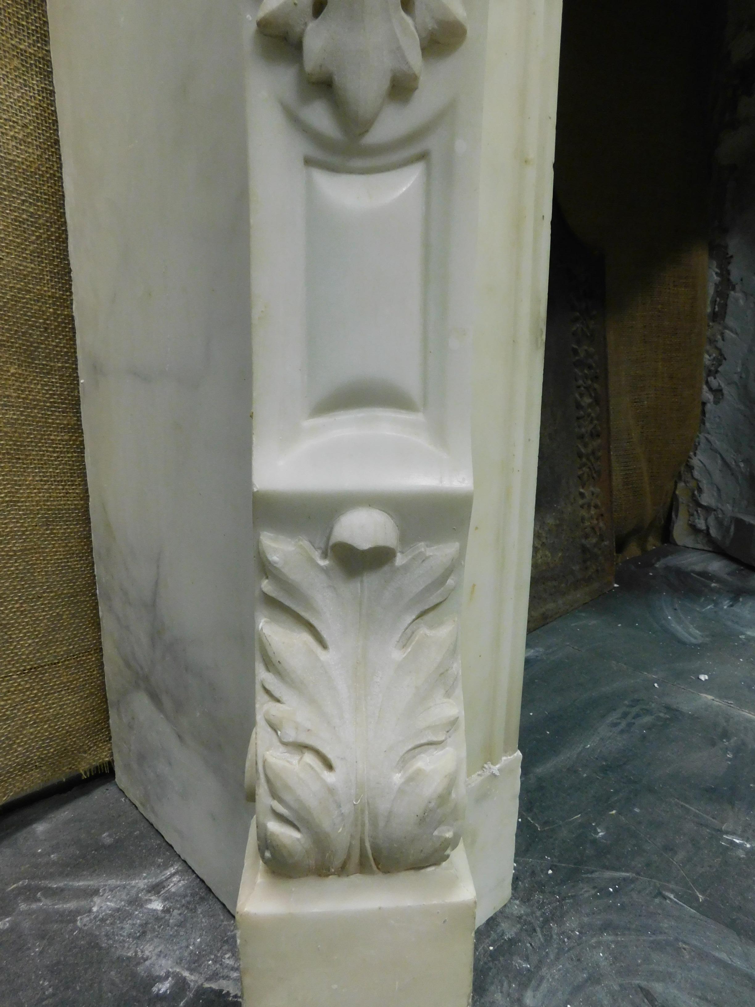 Antique Fireplace in White Carrara Marble, Richly Carved with Masks, '700, Italy 1