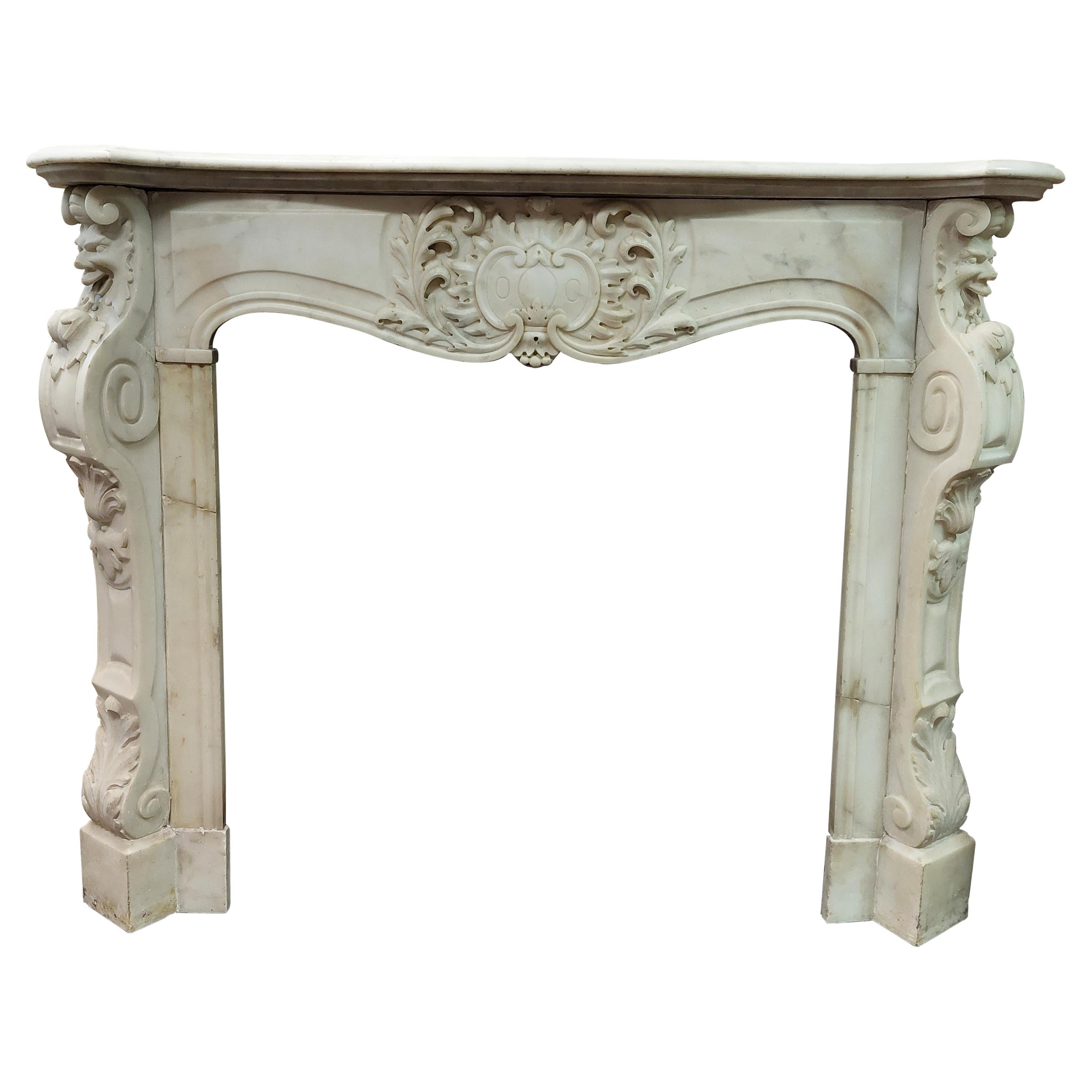 Antique Fireplace in White Carrara Marble, Richly Carved with Masks, '700, Italy