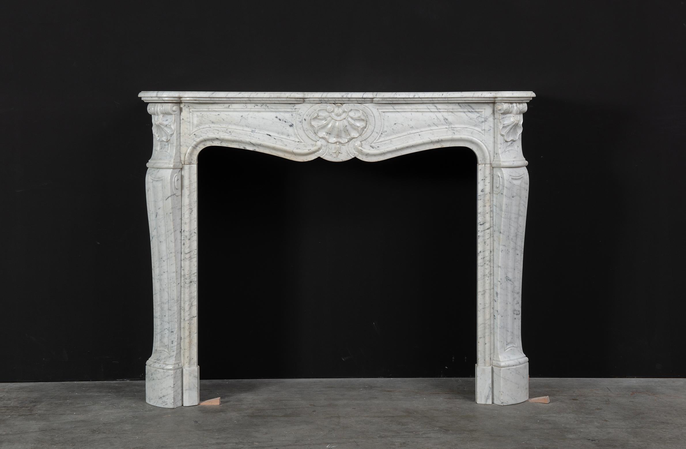 French Antique Fireplace in White Marble, Louis XV Style
