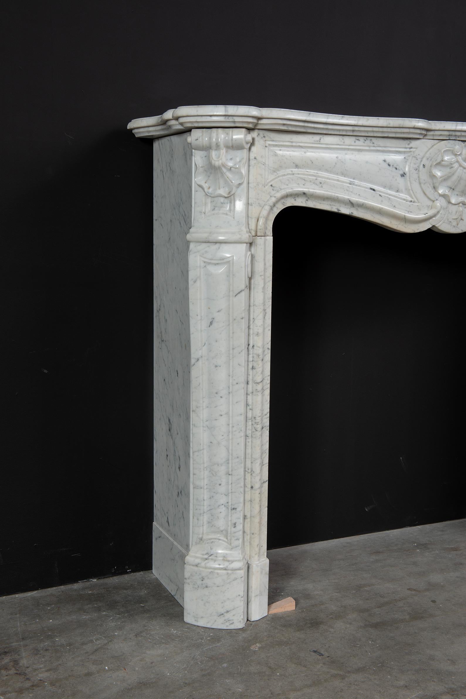 19th Century Antique Fireplace in White Marble, Louis XV Style