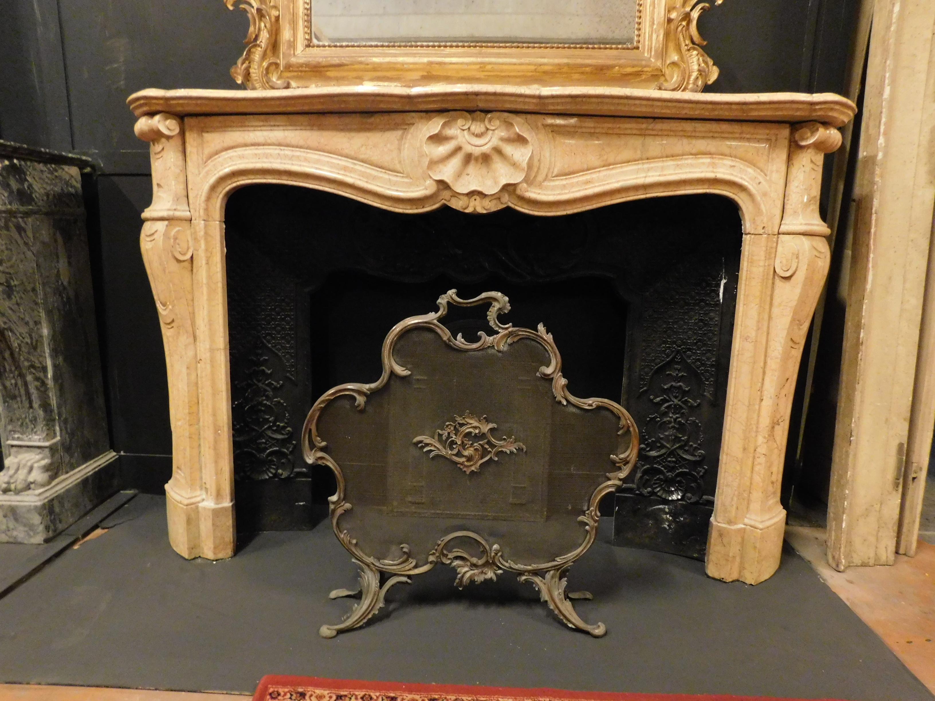 French Antique Fireplace in Yellow Breccia Marble, Carved Shell, 19th Century France For Sale