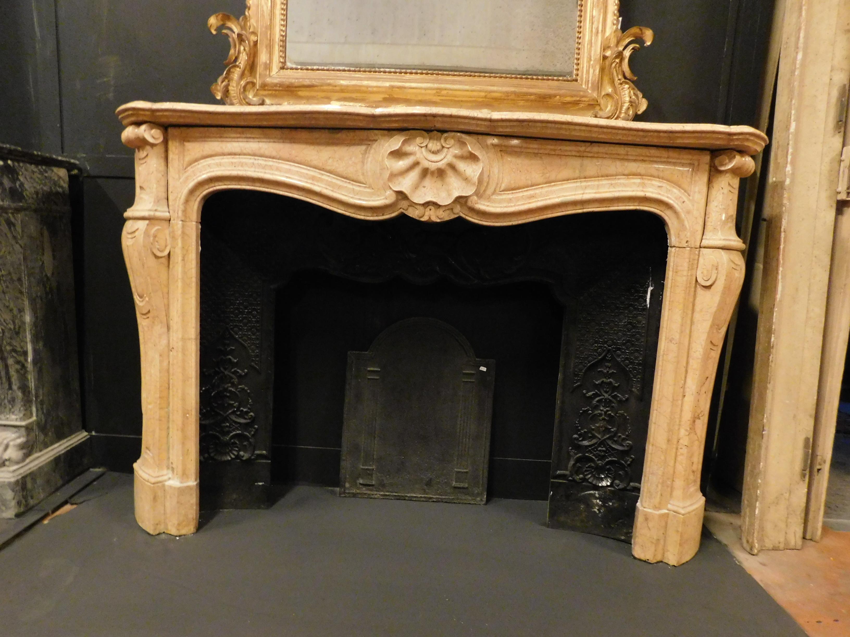 Hand-Carved Antique Fireplace in Yellow Breccia Marble, Carved Shell, 19th Century France For Sale
