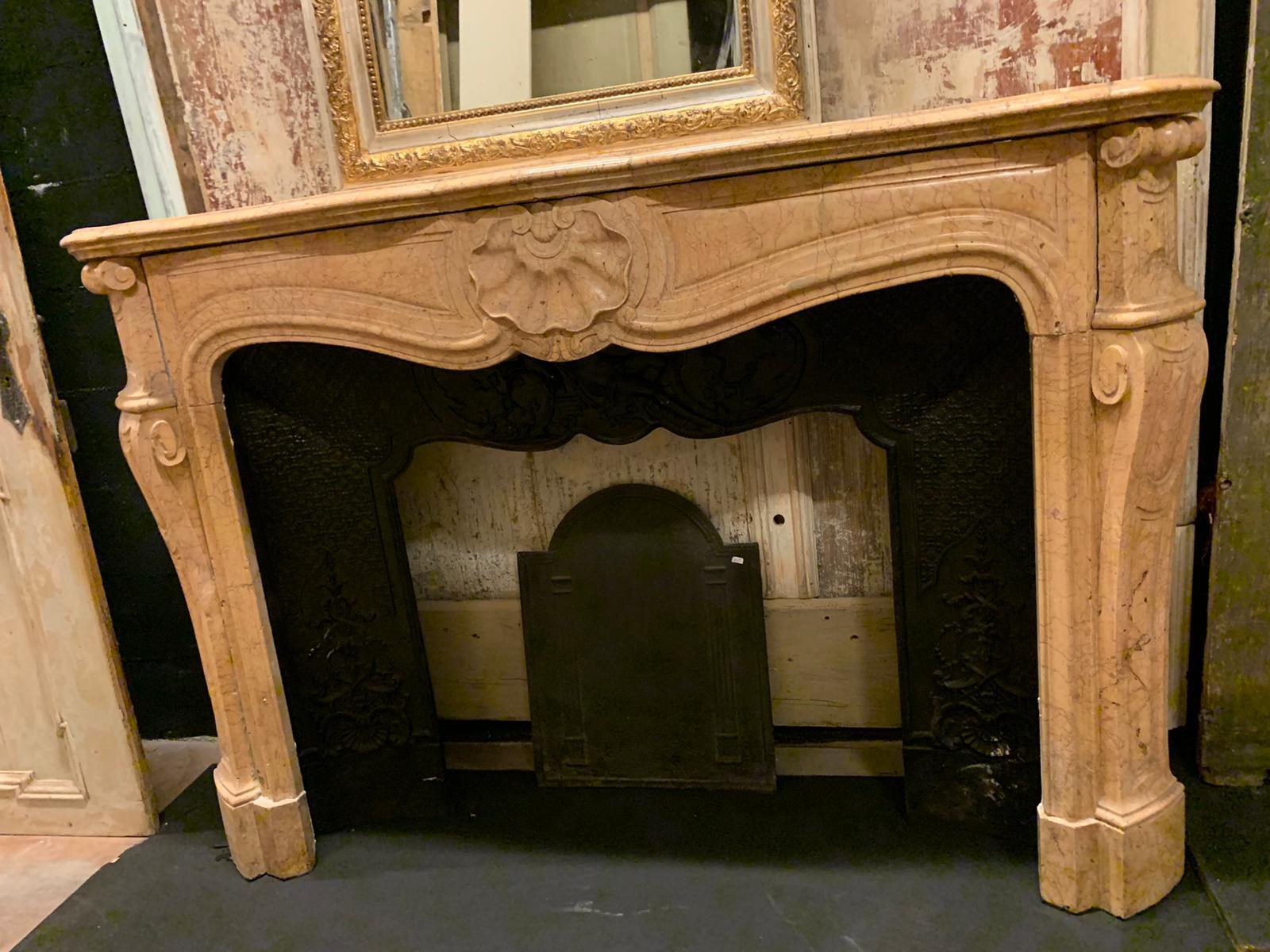 Antique Fireplace in Yellow Breccia Marble, Carved Shell, 19th Century France For Sale 2