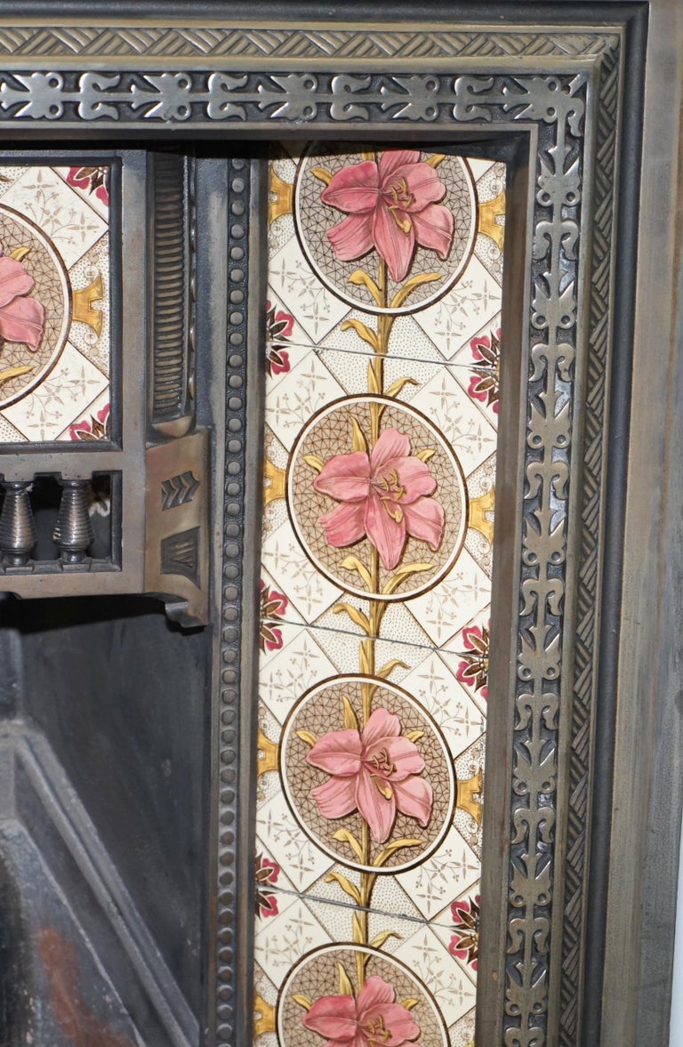 Antique Fireplace Inset Cast Iron with Lovely Vintage Hand Painted