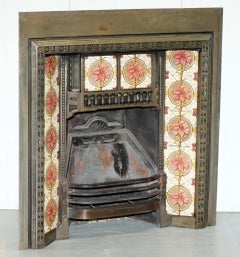 Antique Fireplace Inset Cast Iron with Lovely Vintage Hand Painted Tiles