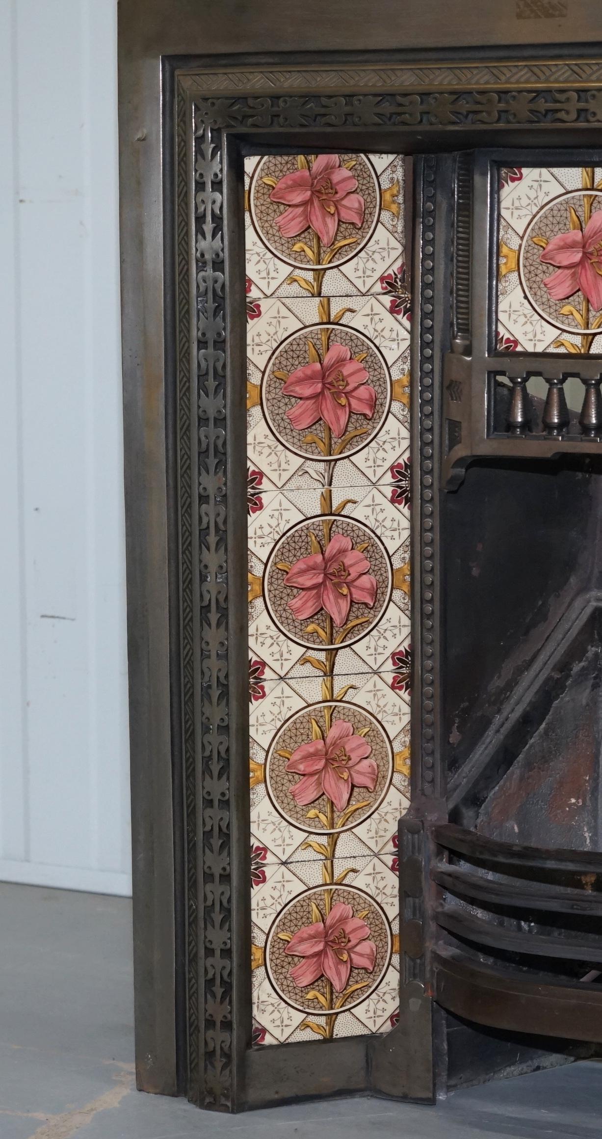 English Antique Fireplace Inset Cast Iron with Lovely Vintage Hand Painted Tiles