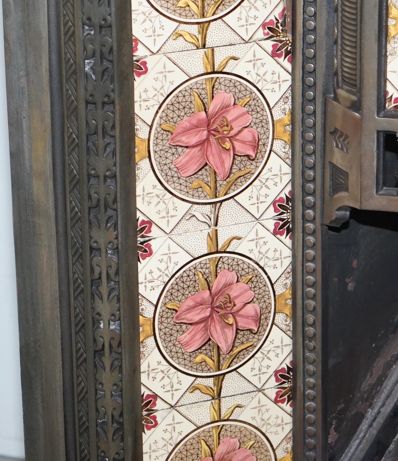 20th Century Antique Fireplace Inset Cast Iron with Lovely Vintage Hand Painted Tiles