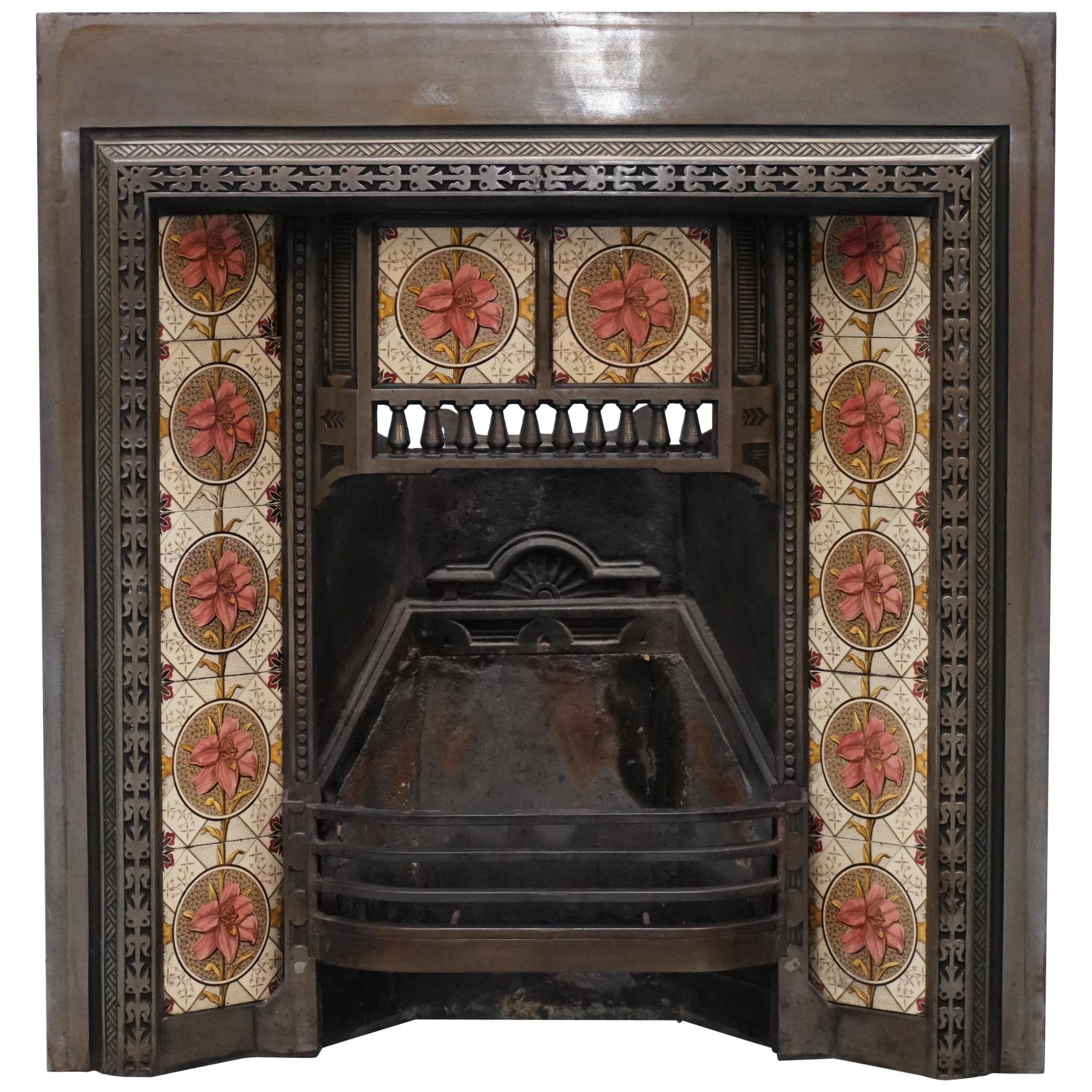 Antique Fireplace Inset Cast Iron with Lovely Vintage Hand Painted Tiles