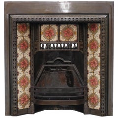 Antique Fireplace Inset Cast Iron with Lovely Vintage Hand Painted Tiles